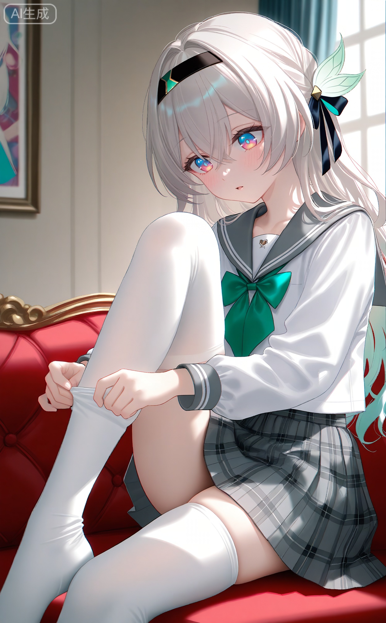 masterpiece,absurdres,best quality,loli,petite,high quality,chromatic_aberration,
//,
firefly (honkai: star rail),1girl,thighhighs,solo,white thighhighs,skirt,bow,gradient hair,long hair,school uniform,multicolored hair,sailor collar,hairband,sitting,long sleeves,green bow,blush,bowtie,thighs,grey skirt,indoors,pleated skirt,green bowtie,hair ribbon,white shirt,grey hair,shirt,serafuku,purple eyes,no shoes,ribbon,black hairband,open mouth,crossed bangs,hair between eyes,skindentation,hair ornament,couch,curtains,blue pupils,adjusting legwear,sidelocks,plaid,knee up,zettai ryouiki,grey sailor collar,on couch,neckerchief,picture frame,hair intakes,black ribbon,multicolored eyes,parted lips,window,hair bow,white hair,dressing,plaid skirt,looking down
//,
photorealistic,Artist myowa,Artist:na-ga,(quasarcake:0.2),(wanke:0.9),[Artist:chen bin],Artist:tidsean,[Artist:sk (askzy)],(artist:tokkyu:0.5),(artist:momoko \(momopoco\):0.5),himitsu_(hi_mi_tsu_2),