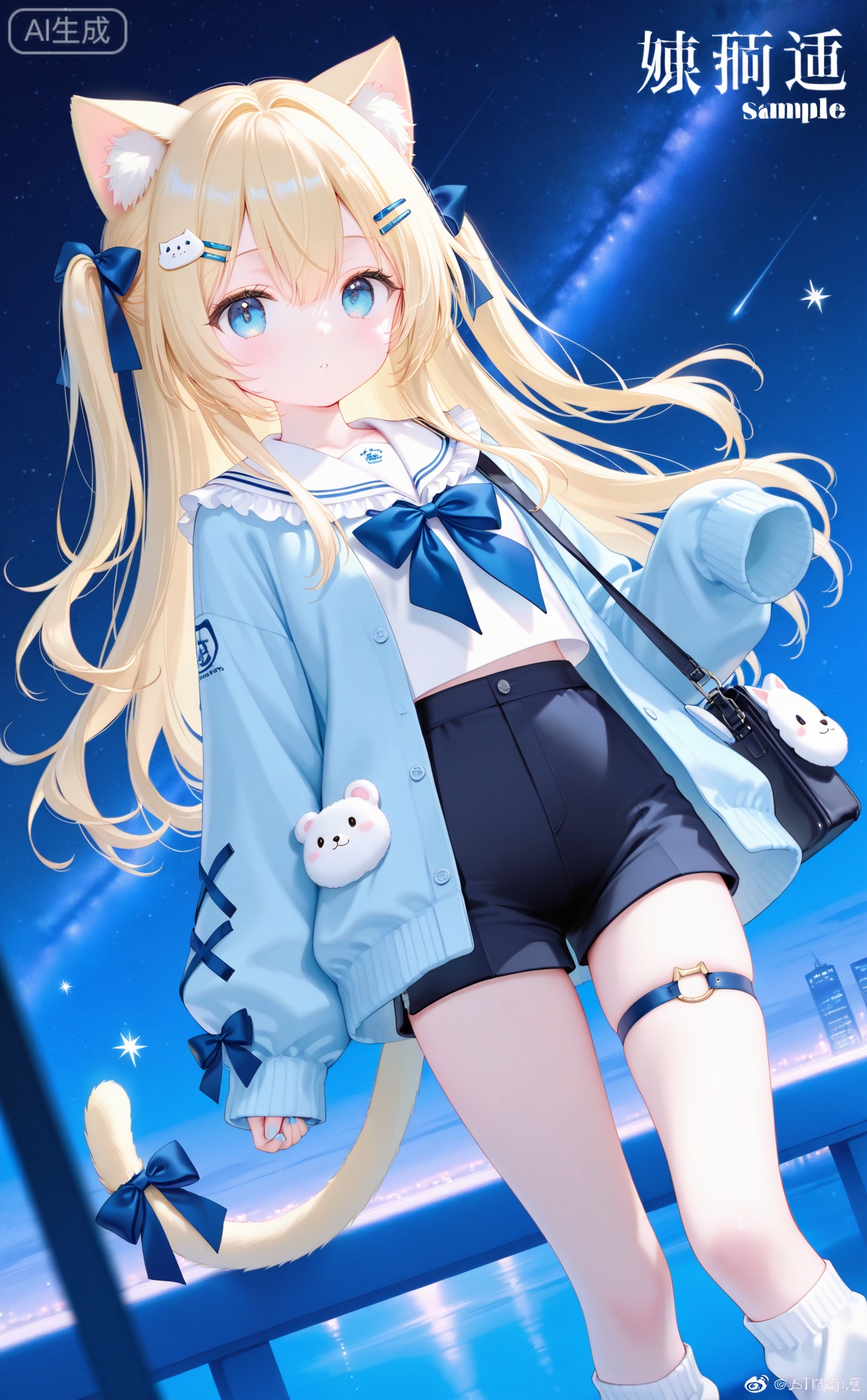 masterpiece,very aware,highres,absurdres,newest,best quality,loli,petite,high quality,chromatic_aberration,cinematic_angle,dutch angle,blurry_foreground,
//,
 1girl, weibo username, animal ears, weibo logo, blue eyes, tail, solo, cat ears, sample watermark, long hair, cat tail, bow, shirt, hair ornament, sleeves past wrists, blue bow, cat hair ornament, watermark, tail ornament, looking at viewer, bag, ribbon, long sleeves, shorts, blue shirt, bear hair ornament, blue ribbon, thigh strap, blonde hair, hair bow, cat girl, blue nails, leg warmers, white socks, hairclip, frills, animal bag, socks, black shorts, sparkle, closed mouth, white shirt, sailor collar, barcode, eyelashes, two side up, puffy long sleeves, puffy sleeves, hair between eyes, black bag, jacket, tail ribbon, shoulder bag, nail polish, blue theme, tail bow, blue neckerchief, frilled sailor collar, blue jacket, blue sleeves, sleeves past fingers, parted lips, feet out of frame, collared shirt, loose socks, chinese text, star (sky), light blush, blue bowtie, braid, white sailor collar
//,
(artist:tokkyu:0.5),(artist:momoko \(momopoco\):0.5),(artist:ask \(askzy\):0.5),(artist:yuyumu:0.4), (artist:dsmile:0.5),(artist:atdan:0.5),(artist:mignon:0.5),(Artist:yunsang,gomzi:0.7),cowboy shot,
(atist:Torino aqua:0.5),
