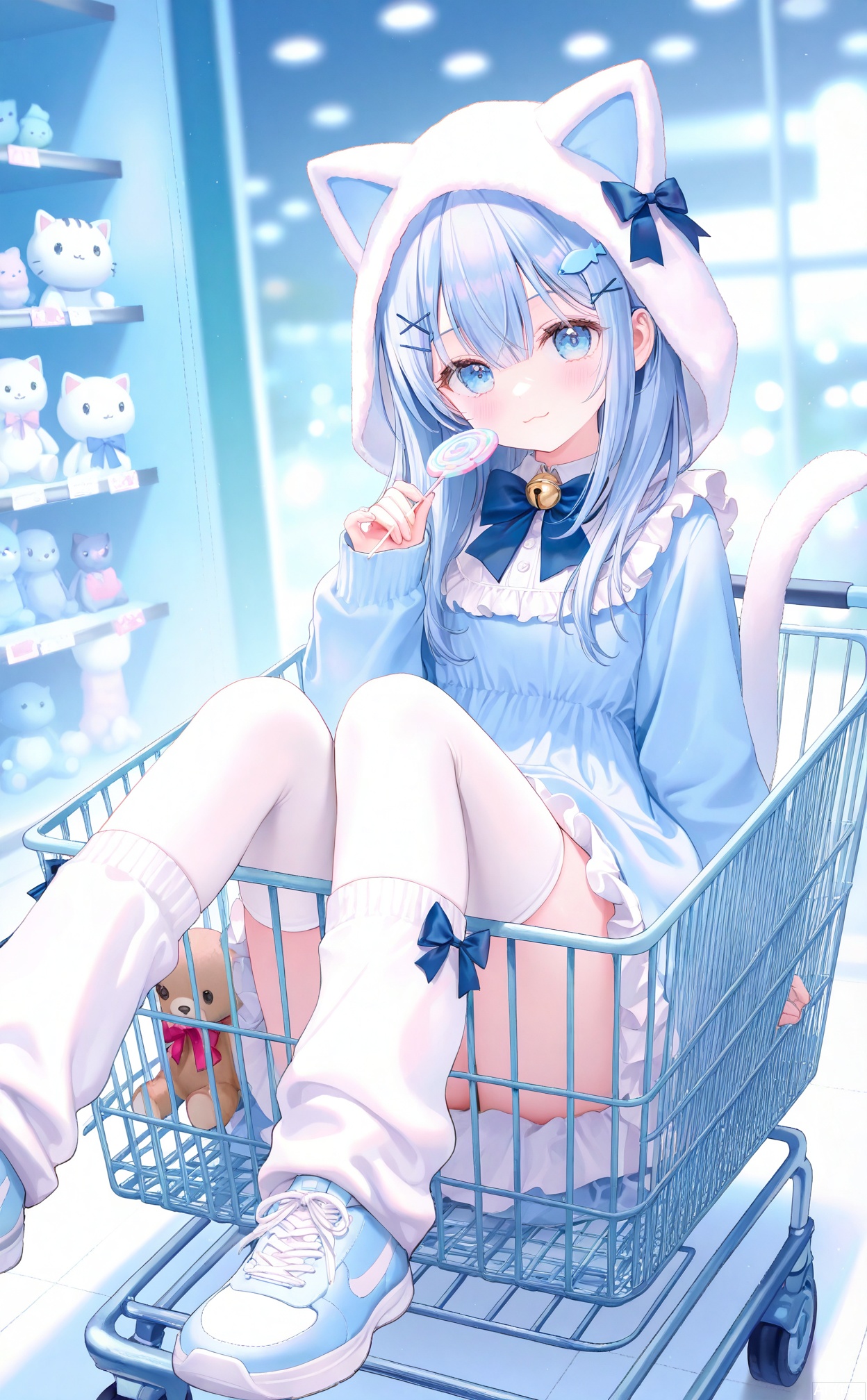 masterpiece,very aware,highres,absurdres,newest,best quality,loli,petite,high quality,chromatic_aberration,cinematic_angle,dutch angle,
//,
1girl, shopping cart, stuffed toy, candy, wing hair ornament, stuffed animal, lollipop, thighhighs, food, blue eyes, holding, holding stuffed toy, white thighhighs, holding lollipop, solo, blue hair, holding food, bell, animal ears, holding candy, looking at viewer, eyepatch, hair ornament, cat ears, neck bell, stuffed cat, dress, long sleeves, frills, blush, bow, swirl lollipop, bowtie, shoes, loose socks, long hair, cat tail, tail, hair between eyes, hairclip, :3, jingle bell, blue footwear, closed mouth, blue dress, smile, teddy bear, blue bow, heart, sneakers, blue theme, x hair ornament, fish hair ornament, fake animal ears, leg warmers, sleeves past wrists, blue bowtie, hood, box, pastel colors, sitting, cat hood, frilled dress, double-parted bangs
//,
(artist:tokkyu:0.5),(artist:momoko \(momopoco\):0.5),(artist:ask \(askzy\):0.5),(artist:yuyumu:0.4),(artist:dsmile:0.5),(artist:atdan:0.5),(artist:mignon:0.5),(Artist:yunsang,gomzi:0.7),cowboy shot,
(atist:Torino aqua:0.5),
//,
official art,depth of field,detailed light,blurry background,best shadow,shiny skin,cinematic lighting,ray tracing,
amazing quality,very aesthetic,absurdres,beast quality,ultra detailed,newest,8K,HDR,
//,