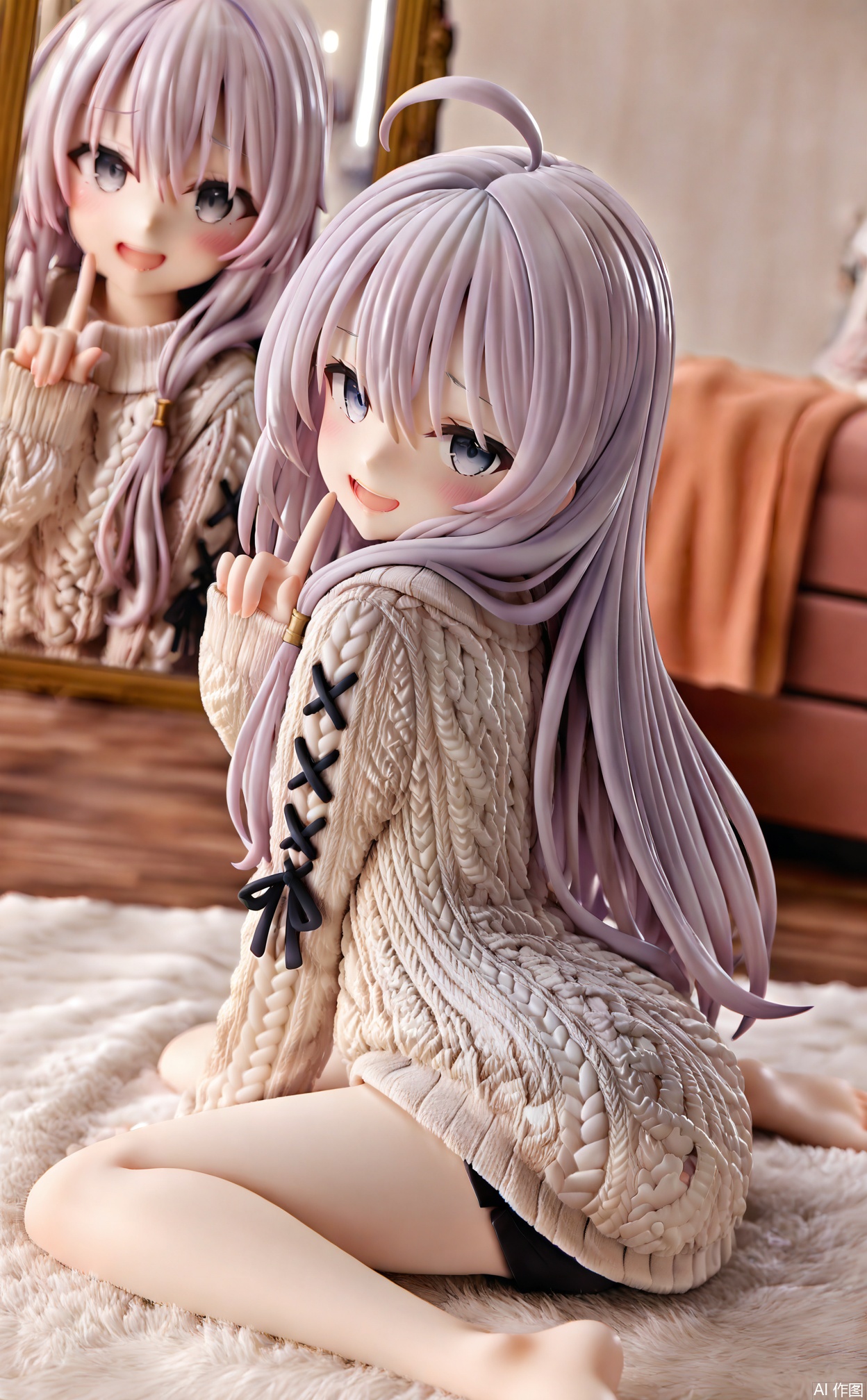 masterpiece,very aware,highres,absurdres,newest,best quality,high quality,loli,petite,chromatic_aberration,cinematic_angle,dutch angle,Light Blue Theme,//,elaina (majo no tabitabi), long hair, 1girl, ahoge, sitting, aran sweater, barefoot, cable knit, looking at viewer, carpet, reflection, rug, sweater, open mouth, solo, smile, mirror, wariza, blue eyes, bare legs, index finger raised, black shorts, blurry, shorts, hair between eyes, long sleeves, grey eyes, v, floor, hoshi syoko, white sweater, sleeves past wrists, blurry background, white hair//,//,,