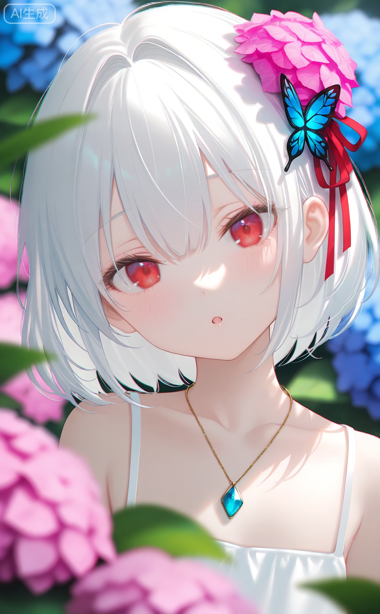masterpiece,absurdres,best quality,loli,petite,high quality,chromatic_aberration,
//,
1girl, hair ornament, solo, necklace, flower, jewelry, looking at viewer, red eyes, white hair, ribbon, butterfly, :o, red ribbon, bug, butterfly hair ornament, hair ribbon, head tilt, portrait, blush, blurry, short hair, hair flower, bare shoulders, crystal, plant, pink flower, parted lips, blurry background, hydrangea, leaf, hair intakes, collarbone, blurry foreground, open mouth
//,
photorealistic,Artist myowa,Artist:na-ga,(quasarcake:0.2),(wanke:0.9),[Artist:chen bin],Artist:tidsean,[Artist:sk (askzy)],(artist:tokkyu:0.5),(artist:momoko \(momopoco\):0.5),himitsu_(hi_mi_tsu_2),