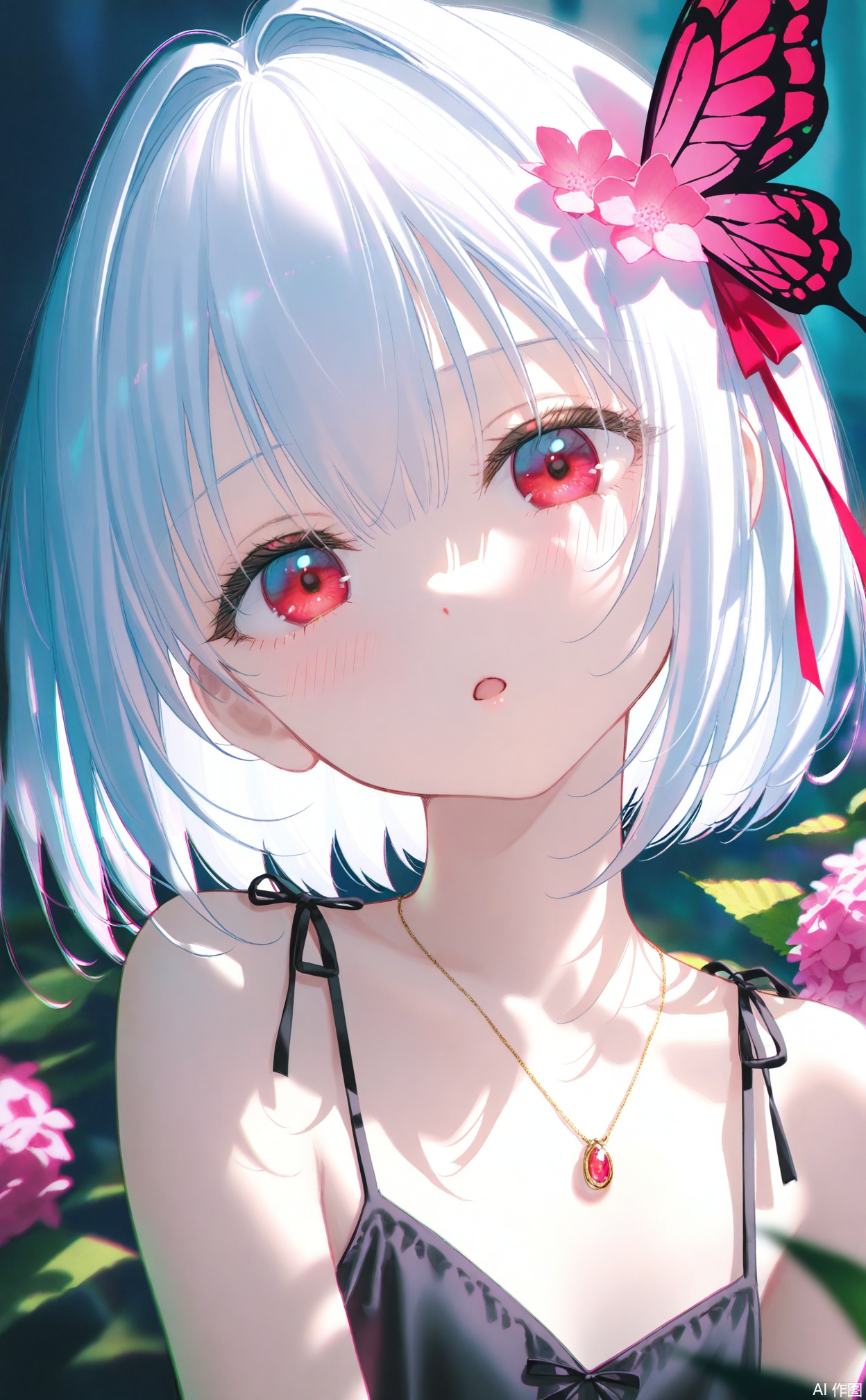 masterpiece,very aware,highres,absurdres,newest,best quality,loli,petite,high quality,chromatic_aberration,cinematic_angle,dutch angle,blurry_foreground,
//,
1girl, hair ornament, solo, necklace, flower, jewelry, looking at viewer, red eyes, white hair, ribbon, butterfly, :o, red ribbon, bug, butterfly hair ornament, hair ribbon, head tilt, portrait, blush, blurry, short hair, hair flower, bare shoulders, crystal, plant, pink flower, parted lips, blurry background, hydrangea, leaf, hair intakes, collarbone, blurry foreground, open mouth
//, 
photorealistic,Artist:na-ga,(quasarcake:0.2),(wanke:0.9),[Artist:chen bin],Artist:tidsean,[Artist:sk (askzy)],(artist:tokkyu:0.5),(artist:momoko \(momopoco\):0.5),himitsu_(hi_mi_tsu_2),
//, 
