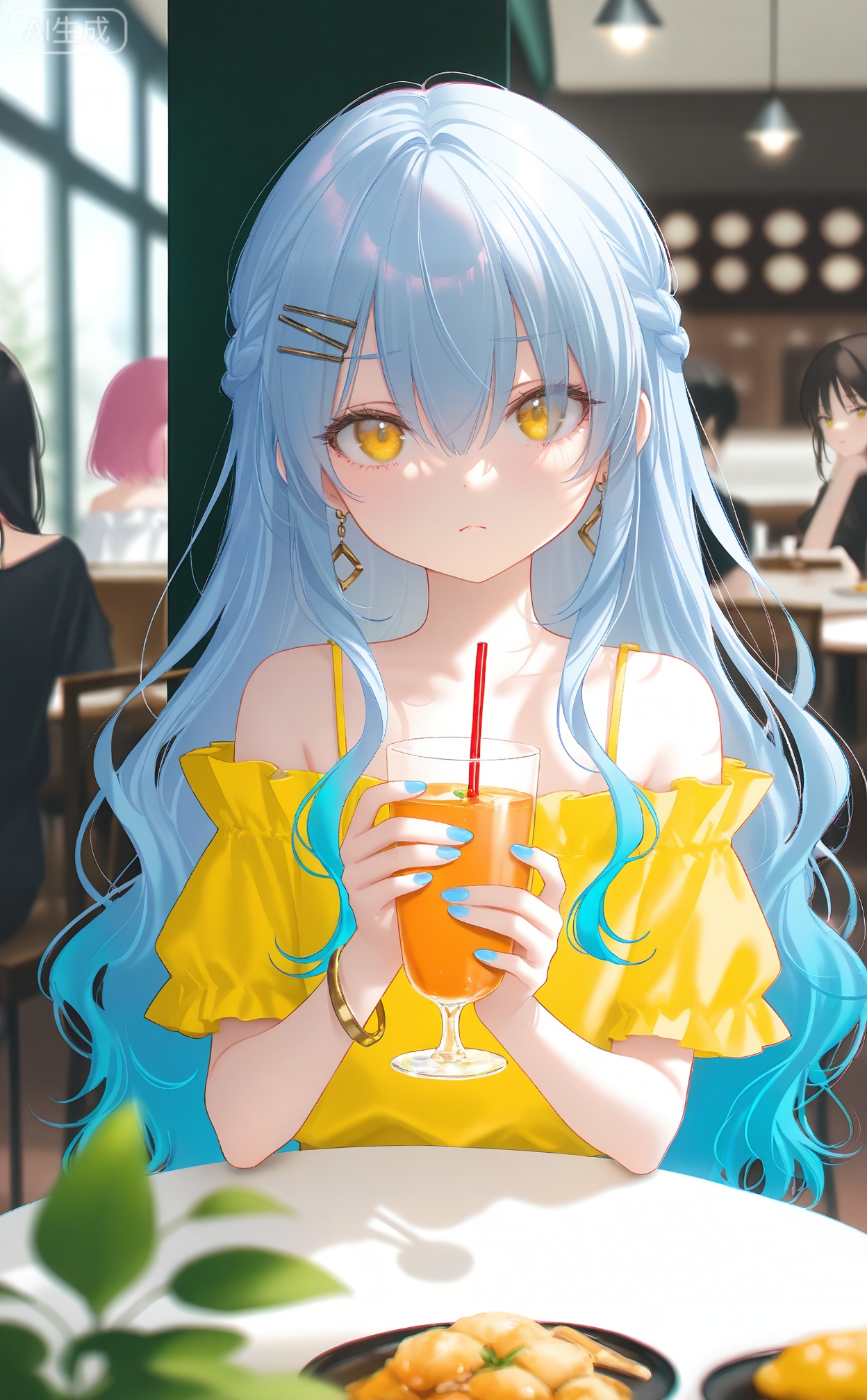 masterpiece,absurdres,best quality,loli,petite,high quality,chromatic_aberration,
//,
hair ornament,cafe,shirt,sitting,long hair,blue nails,drinking straw,closed mouth,yellow eyes,off-shoulder shirt,solo focus,multiple girls,jewelry,holding,indoors,eyelashes,blue hair,collarbone,nail polish,cup,earrings,hairclip,casual,off shoulder,blurry,hair between eyes,straight-on,table,braid,blurry background,looking at viewer,bare shoulders,holding cup,eyes visible through hair,gradient hair,black shirt,frilled shirt,restaurant,frills,multicolored hair,3girls,yellow shirt,fingernails,bracelet,chair,very long hair,drinking glass,frown,1boy,short sleeves,drink,food,sidelocks,wavy hair,plant,
//,
photorealistic,Artist myowa,Artist:na-ga,(quasarcake:0.2),(wanke:0.9),[Artist:chen bin],Artist:tidsean,[Artist:sk (askzy)],(artist:tokkyu:0.5),(artist:momoko \(momopoco\):0.5),himitsu_(hi_mi_tsu_2),