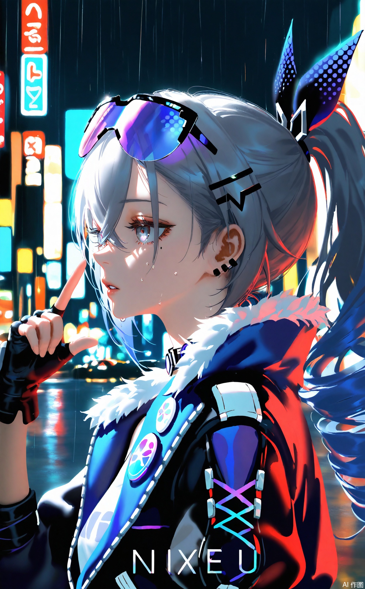 masterpiece,best quality,amazing quality,very aesthetic,absurdres,newest,highres,nixeu:0.5,yoneyama mai:0.5,1girl,solo,silver wolf \(honkai: star rail\),honkai \(series\),cyberpunk,street,night,darkness,metallic texture,from side,ray tracing,pointing to you,rain drops on the girl,strong color performance,oil painting style,