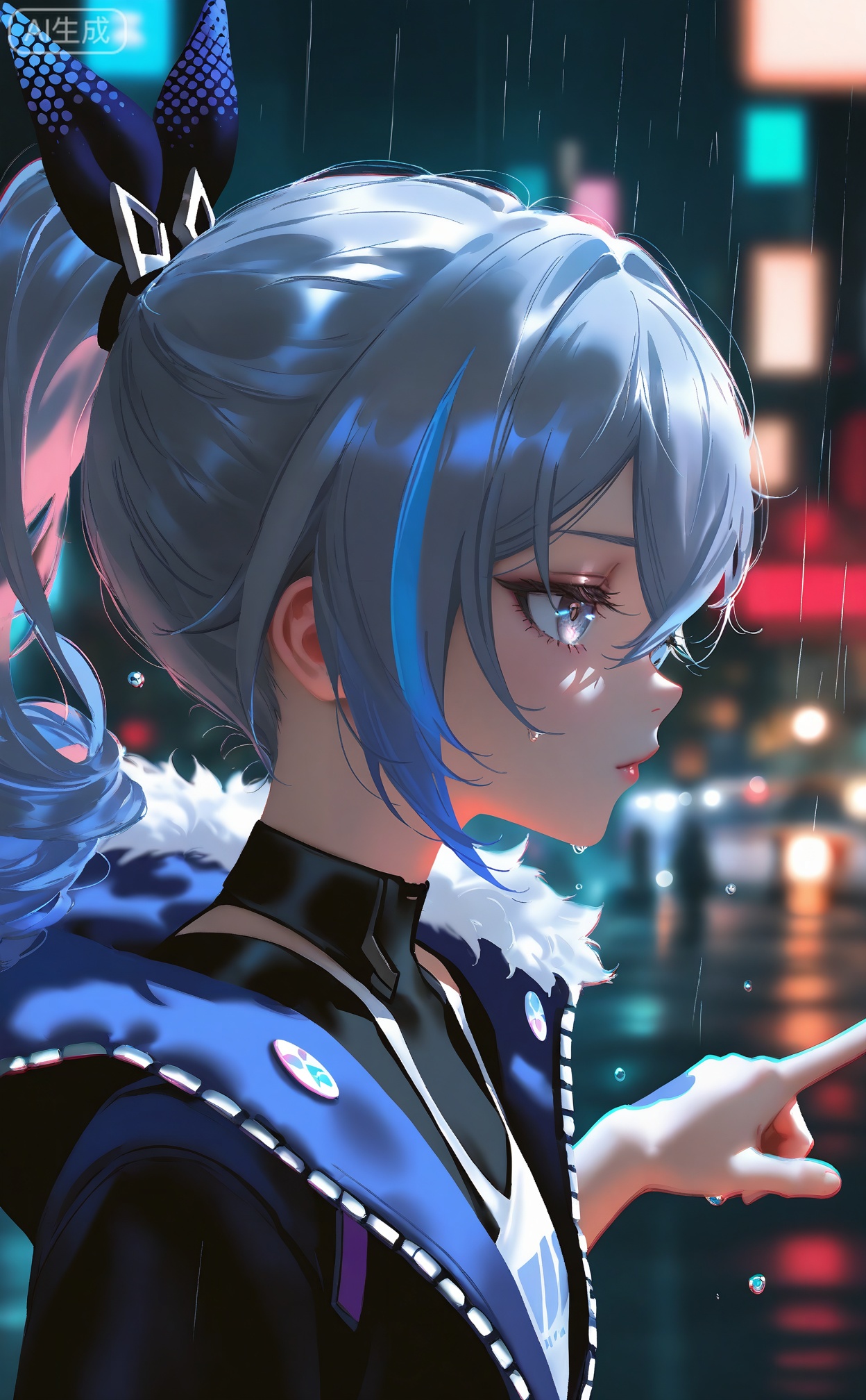 masterpiece,absurdres,best quality,loli,petite,high quality,chromatic_aberration,
//,
nixeu:0.5,yoneyama mai:0.5,1girl,solo,silver wolf \(honkai: star rail\),honkai \(series\),
//,
cyberpunk,street,night,darkness,metallic texture,from side,ray tracing,pointing to you,rain drops on the girl,strong color performance,oil painting style
