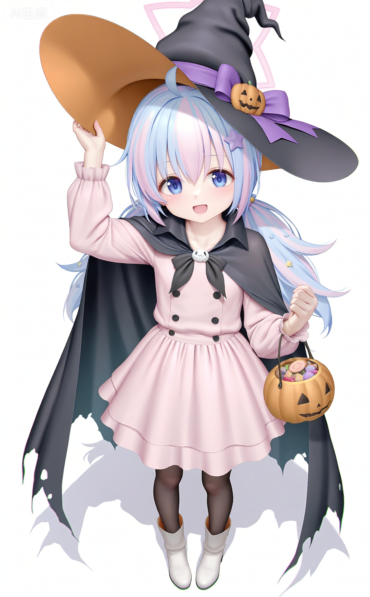 masterpiece,absurdres,best quality,loli,petite,high quality,chromatic_aberration,
//,
1girl, solo, hat, halo, hair ornament, multicolored hair, blue hair, star (symbol), full body, pink hair, pantyhose, open mouth, witch hat, blue eyes, star hair ornament, long hair, dress, pink dress, reisa (blue archive), ahoge, white background, smile, long sleeves, streaked hair, simple background, light blue hair, looking at viewer, twintails, boots, black pantyhose, blush, food, standing, white footwear, halloween, holding, black cloak, jack-o'-lantern, halloween costume, cape, hand on headwear, black cape, pink halo, star halo, :d, hair beads, arm up
//,
(artist:himitsu (hi mi tsu 2):1.3),year 2024,(Artist:rurudo:0.9),(wanke:0.9),(Artist:na-ga:1.1),matchanear,roha,jyt,(((e-note))),(bigxixi),[chen_bin],[[as109]],[[Artist:aki99]],[z282g],himitsu_(hi_mi_tsu_2),foreshortening,asakuraf,
//,

