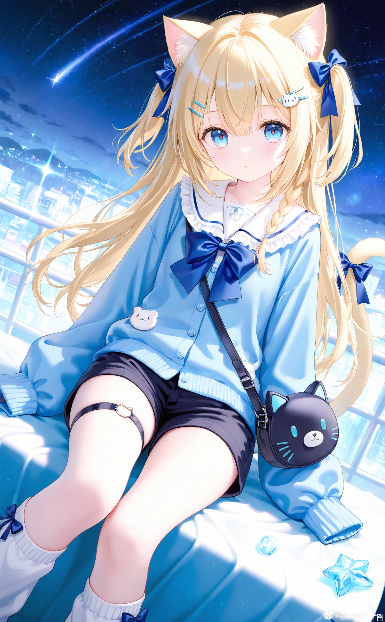 masterpiece,very aware,highres,absurdres,newest,best quality,loli,petite,high quality,chromatic_aberration,cinematic_angle,dutch angle,blurry_foreground,
//,
 1girl, weibo username, animal ears, weibo logo, blue eyes, tail, solo, cat ears, sample watermark, long hair, cat tail, bow, shirt, hair ornament, sleeves past wrists, blue bow, cat hair ornament, watermark, tail ornament, looking at viewer, bag, ribbon, long sleeves, shorts, blue shirt, bear hair ornament, blue ribbon, thigh strap, blonde hair, hair bow, cat girl, blue nails, leg warmers, white socks, hairclip, frills, animal bag, socks, black shorts, sparkle, closed mouth, white shirt, sailor collar, barcode, eyelashes, two side up, puffy long sleeves, puffy sleeves, hair between eyes, black bag, jacket, tail ribbon, shoulder bag, nail polish, blue theme, tail bow, blue neckerchief, frilled sailor collar, blue jacket, blue sleeves, sleeves past fingers, parted lips, feet out of frame, collared shirt, loose socks, chinese text, star (sky), light blush, blue bowtie, braid, white sailor collar
//,
(artist:tokkyu:0.5),(artist:momoko \(momopoco\):0.5),(artist:ask \(askzy\):0.5),(artist:yuyumu:0.4), (artist:dsmile:0.5),(artist:atdan:0.5),(artist:mignon:0.5),(Artist:yunsang,gomzi:0.7),cowboy shot,
(atist:Torino aqua:0.5),
