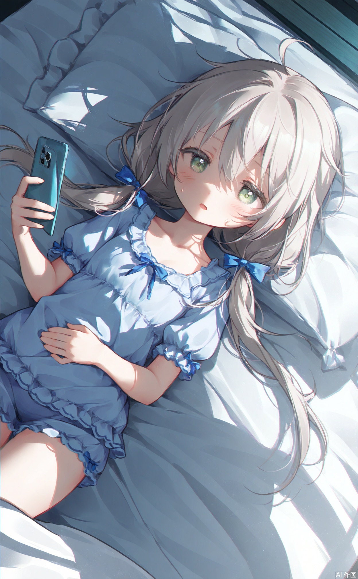 masterpiece,very aware,highres,absurdres,newest,best quality,high quality,loli,petite,chromatic_aberration,cinematic_angle,dutch angle,Light Blue Theme,//,1girl,phone,cellphone,green eyes,solo,grey hair,holding phone,holding,smartphone,long hair,open mouth,pajamas,twintails,short sleeves,under covers,low twintails,blue bow,hair between eyes,hair bow,bow,blue shirt,puffy sleeves,blue pajamas,blanket,bed sheet,shirt,sweatdrop,ahoge,puffy short sleeves,on bed,blush,//,//,,