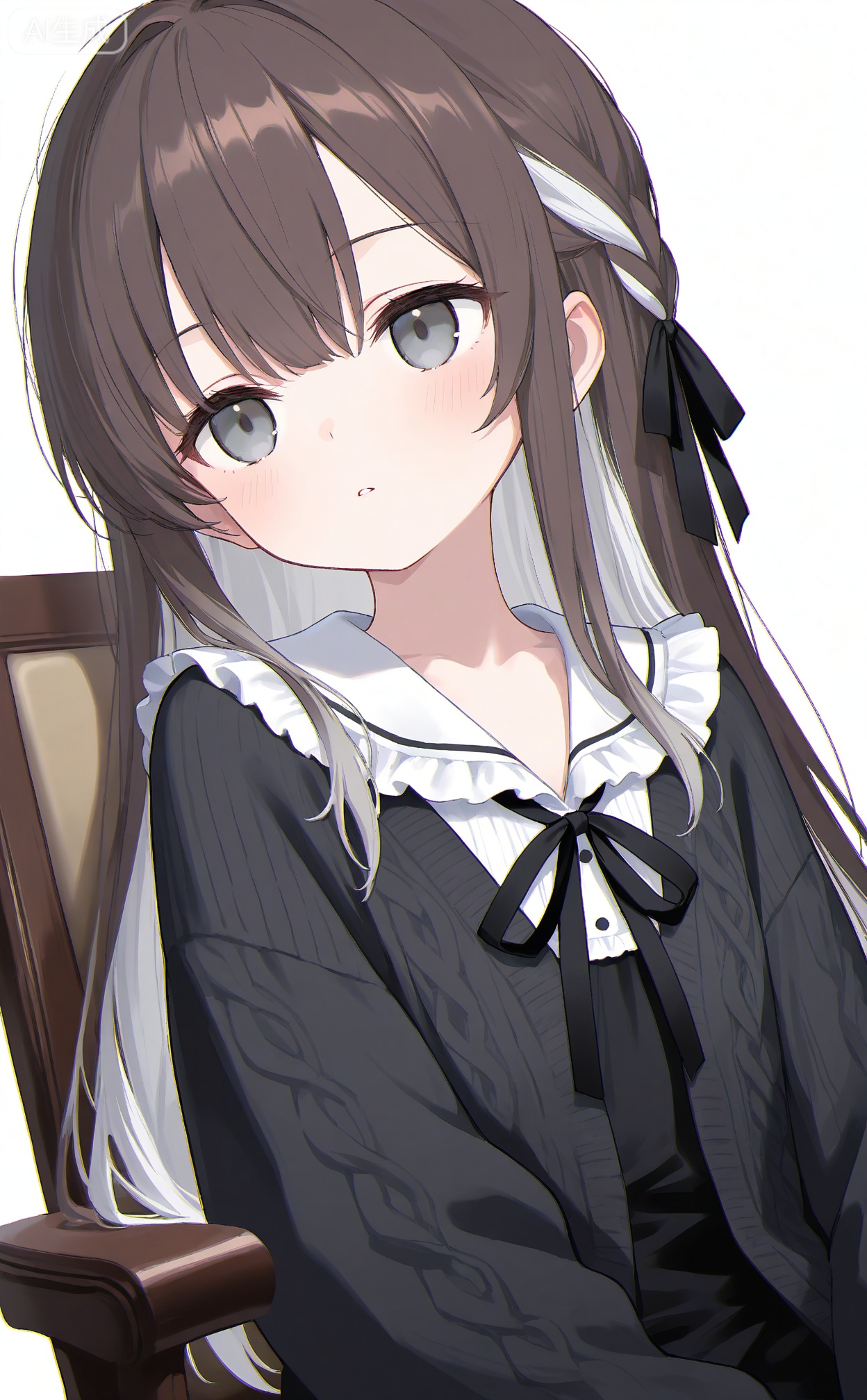 masterpiece,very aware,highres,absurdres,newest,best quality,high quality,loli,petite,chromatic_aberration,white_background,//,1girl,solo,braid,long_hair,frilled_shirt_collar,white_background,chair,ribbon,frills,simple_background,black_ribbon,black_cardigan,brown_hair,dutch_angle,upper_body,neck_ribbon,cardigan,grey_eyes,frilled_collar,parted_lips,feathers,multicolored_hair,expressionless,shirt,sweater,frilled_sailor_collar,sidelocks,hair_ribbon,sitting,two-tone_hair,hair_between_eyes,dress,looking_ahead,grey_hair,frilled_shirt,black_sweater,cable_knit,black_eyes,blush,black_dress,white_hair,on_chair,black_hair,//,year_2023,year_2024,//,