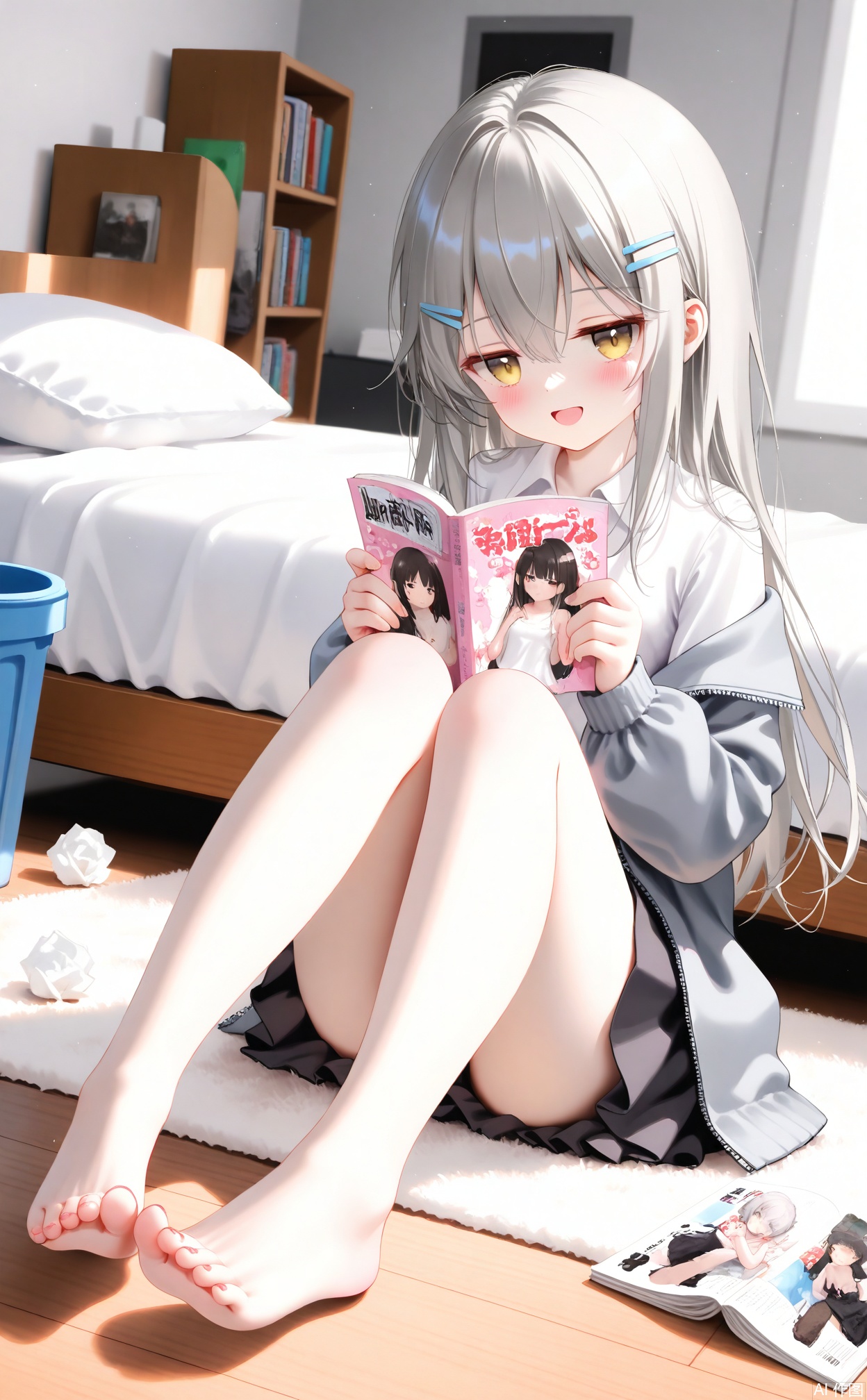 masterpiece,very aware,highres,absurdres,newest,best quality,loli,petite,high quality,chromatic_aberration,cinematic_angle,dutch angle,
//,
trash can, 1girl, used tissue, barefoot, toes, solo, manga (object), feet, jacket, long hair, toenails, looking at viewer, shirt, indoors, book, sitting, open mouth, white shirt, bare legs, knees up, bedroom, bed, hair ornament, holding, legs, pillow, grey hair, blush, hairclip, long sleeves, collared shirt, grey jacket, yellow eyes, open jacket, smile, off shoulder, hair between eyes, trash, skirt, on bed, open clothes, wooden floor, :d, magazine (object), open book, holding book, sidelocks, thighs, black skirt, pornography, blurry, toenail polish, breasts, rug, bookshelf, jitome, on floor, full body, blurry background, reading, puffy long sleeves
//, 
very aesthetic,absurdres,newest,masterpiece,safe,amazing quality,(aestivation:1.4),shitsurakuen_(paradise_lost),(nasii:0.4),(toosaka asagi:0.4),(atdan:0.4),(iumu:0.72),(wlop:0.72),96YOTTEA,Konya Karasue,(omone_hokoma_agm:0.3),Artist:chen bin,
//, 

