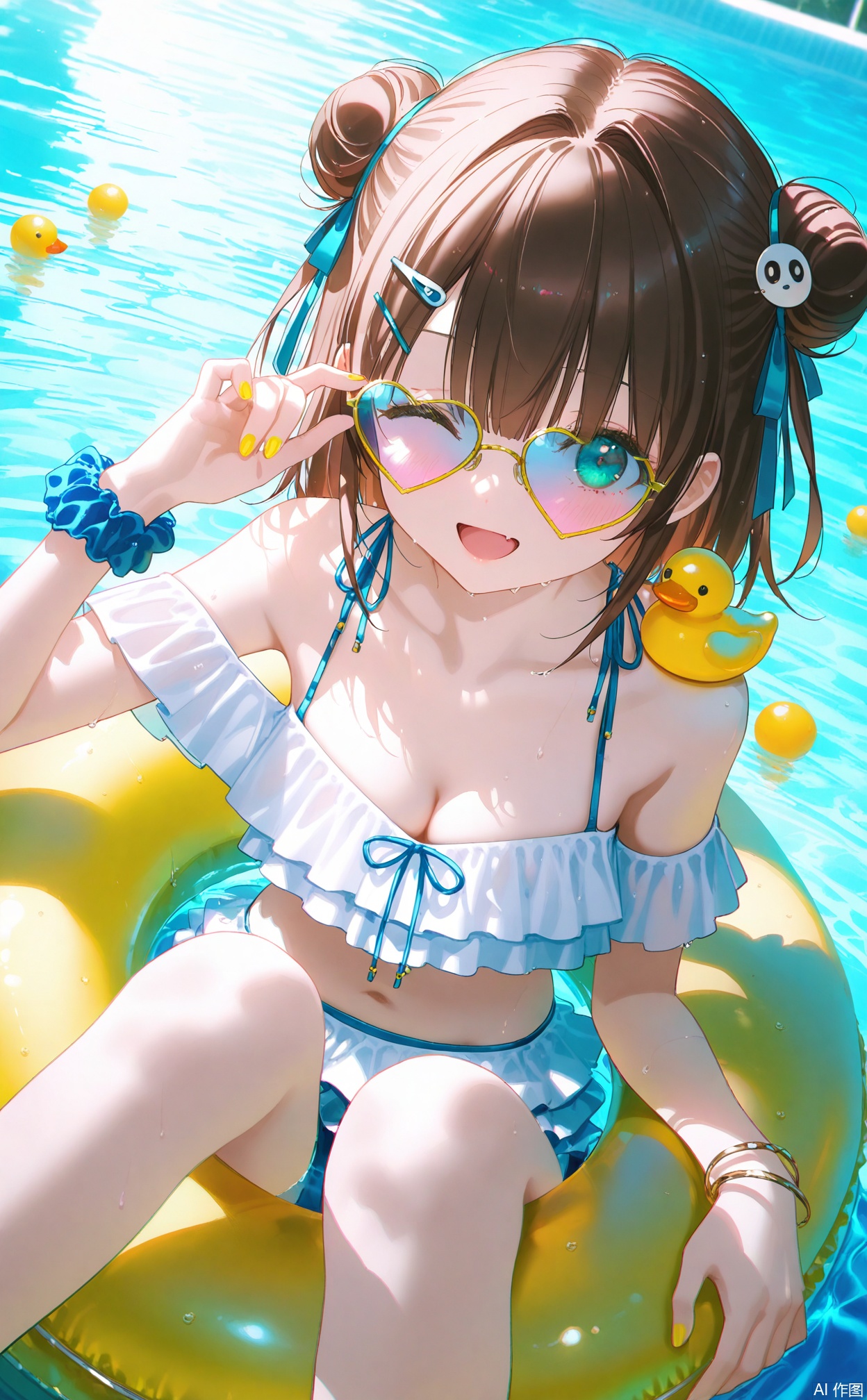 masterpiece,very aware,highres,absurdres,newest,best quality,loli,petite,high quality,chromatic_aberration,cinematic_angle,dutch angle,blurry_foreground,
//,
1girl, rubber_duck, heart-shaped_eyewear, innertube, breasts, swimsuit, one_eye_closed, swim_ring, eyewear_on_head, brown_hair, sunglasses, bikini, wrist_scrunchie, hair_bun, heart, solo, smile, double_bun, cleavage, scrunchie, frilled_bikini, frills, looking_at_viewer, white_bikini, open_mouth, water, hair_ornament, medium_breasts, partially_submerged, hairclip, blush, collarbone, nail_polish, green_eyes, ;d, ribbon, virtual_youtuber, pool, wet, adjusting_eyewear, hair_ribbon, jewelry, tinted_eyewear, hair_intakes, bracelet, detached_sleeves, short_hair, bird, yellow_nails, aqua_eyes, animal_on_shoulder, outdoors
//, 
photorealistic,Artist:na-ga,(quasarcake:0.2),(wanke:0.9),[Artist:chen bin],Artist:tidsean,[Artist:sk (askzy)],(artist:tokkyu:0.5),(artist:momoko \(momopoco\):0.5),himitsu_(hi_mi_tsu_2),
//, 
