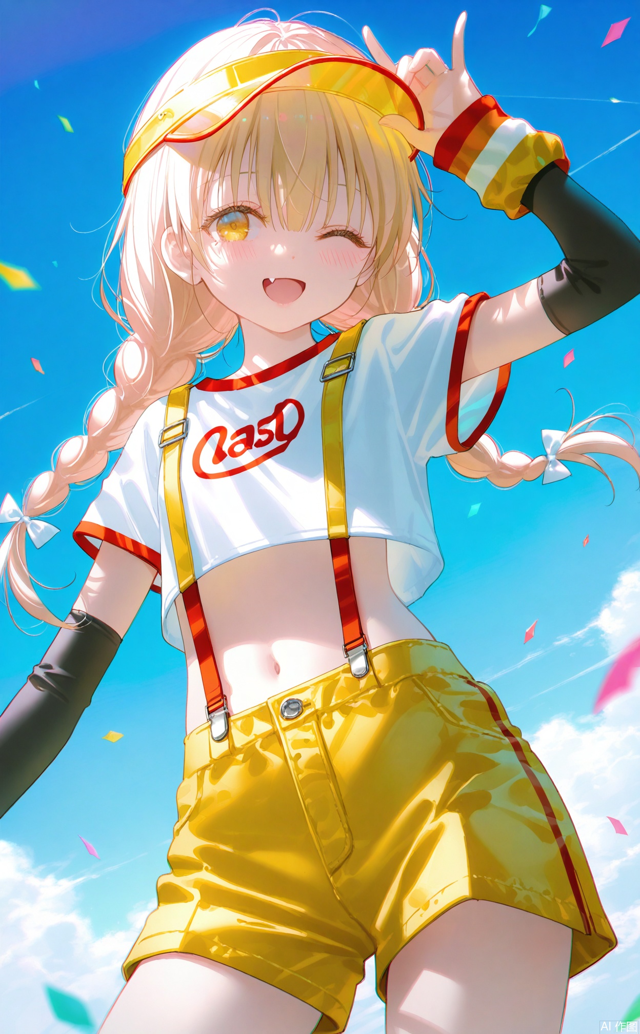 masterpiece,very aware,highres,absurdres,newest,best quality,loli,petite,high quality,chromatic_aberration,cinematic_angle,dutch angle,blurry_foreground,
//,
1girl, solo, one eye closed, visor cap, blonde hair, yellow shorts, braid, shorts, smile, suspender shorts, suspenders, twin braids, open mouth, shirt, yellow eyes, long hair, white shirt, looking at viewer, navel, fang, arm warmers, bow, sky, midriff, ribbon, arm up, hair bow, short sleeves, ;d, cloud, outdoors, confetti, cowboy shot, blush, holding, crop top, blue sky
//, 
photorealistic,Artist:na-ga,(quasarcake:0.2),(wanke:0.9),[Artist:chen bin],Artist:tidsean,[Artist:sk (askzy)],(artist:tokkyu:0.5),(artist:momoko \(momopoco\):0.5),himitsu_(hi_mi_tsu_2),
//, 
