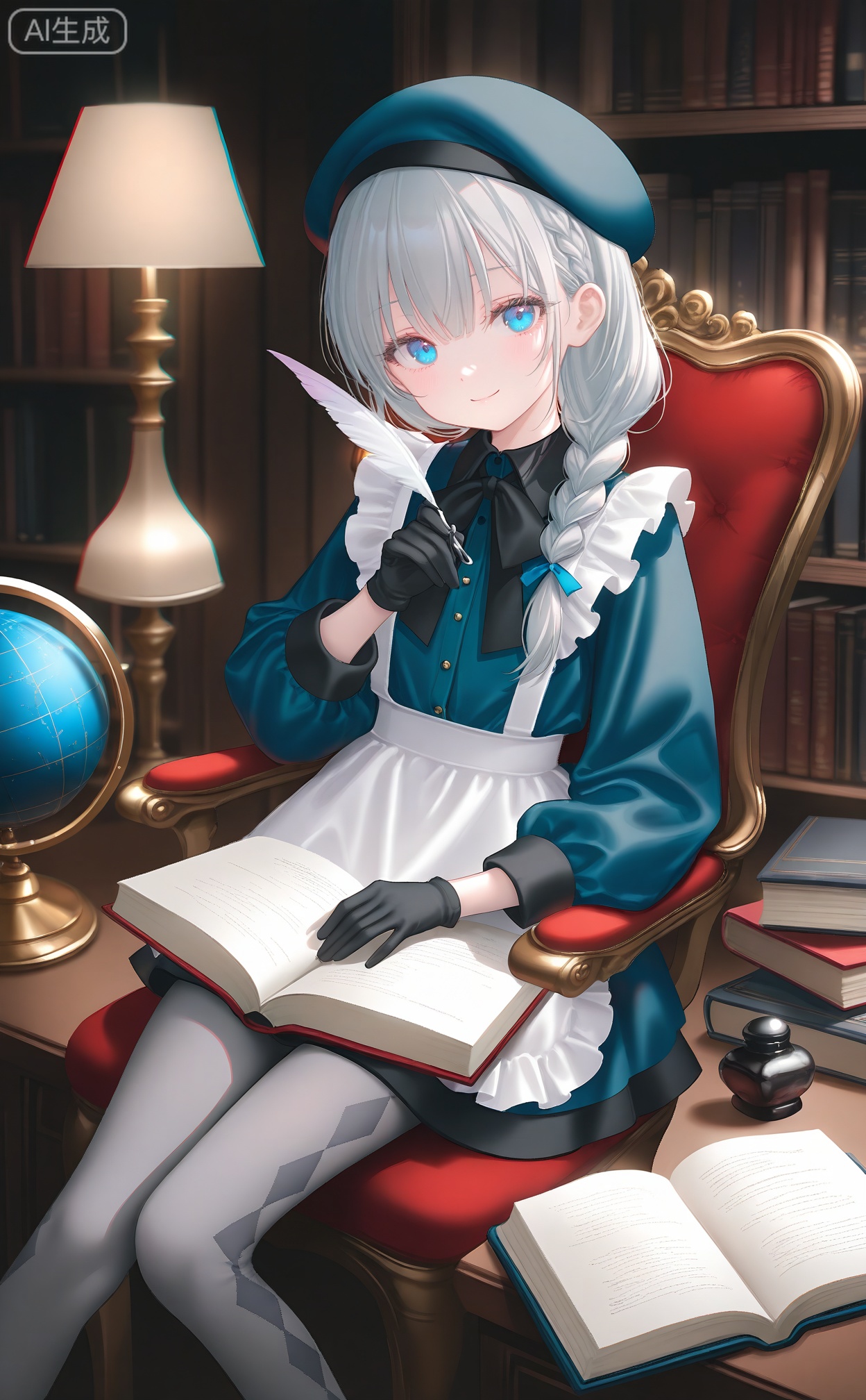 masterpiece,absurdres,best quality,loli,petite,high quality,chromatic_aberration,
//,
1girl, book, solo, blue eyes, hat, bookshelf, globe, sitting, braid, chair, open book, painting (medium), pantyhose, smile, argyle clothes, long hair, argyle legwear, traditional media, quill, watercolor (medium), library, desk, apron, dress, lamp, holding, grey pantyhose, looking at viewer, grey hair, inkwell, indoors, lantern, hair over shoulder, beret, gloves, long sleeves, scissors
//,
photorealistic,Artist myowa,Artist:na-ga,(quasarcake:0.2),(wanke:0.9),[Artist:chen bin],Artist:tidsean,[Artist:sk (askzy)],(artist:tokkyu:0.5),(artist:momoko \(momopoco\):0.5),himitsu_(hi_mi_tsu_2),