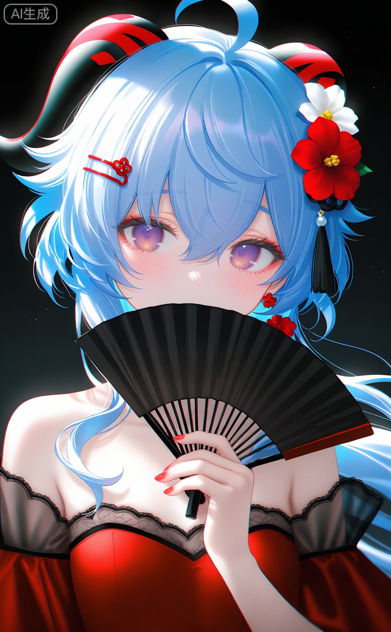 masterpiece,absurdres,best quality,loli,petite,high quality,chromatic_aberration,
//,
1girl,hair_ornament,solo,blue_hair,purple_eyes,hair_flower,horns,ganyu_\(genshin_impact\),hand_fan,flower,ahoge,looking_at_viewer,holding,holding_fan,folding_fan,jewelry,earrings,long_hair,red_nails,red_flower,bare_shoulders,red_dress,hair_between_eyes,hairclip,nail_polish,covering_own_mouth,black_background,alternate_costume,folded_fan,blush,dress,night,sidelocks,collarbone,breasts,covered_mouth,tassel,upper_body,makeup,goat_horns,white_flower,night_sky,dark_background,off_shoulder,strapless_dress,hand_up,strapless,
//,
photorealistic,Artist myowa,Artist:na-ga,(quasarcake:0.2),(wanke:0.9),[Artist:chen bin],Artist:tidsean,[Artist:sk (askzy)],(artist:tokkyu:0.5),(artist:momoko \(momopoco\):0.5),himitsu_(hi_mi_tsu_2),