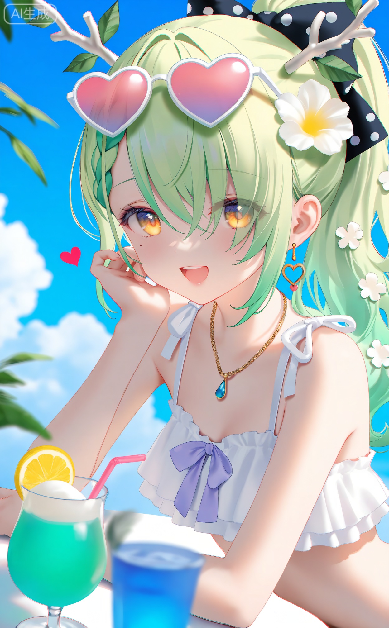 masterpiece,absurdres,best quality,loli,petite,high quality,chromatic_aberration,
//,
ceres_fauna, virtual_youtuber, antlers, green_hair, yellow_eyes, eyewear_on_head, jewelry, sunglasses, horns, mole, mole_under_eye, smile, tinted_eyewear, looking_at_viewer, earrings, lemon, braid, outdoors, 1girl, ribbon, lemon_slice, open_mouth, hair_over_one_eye, necklace, swimsuit, ponytail, heart, hair_ribbon, food, sky, flower, frills, solo, fruit, hair_ornament, cloud, long_hair, hair_flower, day, :d, purple-tinted_eyewear, bikini, leaf, blue_sky, bow, heart-shaped_eyewear, branch, white_bikini, bare_shoulders, alternate_hairstyle, cup, eyes_visible_through_hair, braided_bangs, drinking_glass, pink-tinted_eyewear, blonde_hair, alternate_costume, white_flower, polka_dot_bow
//, 
very aesthetic,absurdres,newest,masterpiece,safe,amazing quality,(aestivation:1.4),shitsurakuen_(paradise_lost),(nasii:0.4),(toosaka asagi:0.4),(atdan:0.4),(iumu:0.72),(wlop:0.72),96YOTTEA,Konya Karasue,(omone_hokoma_agm:0.3),Artist:chen bin,
//, 
