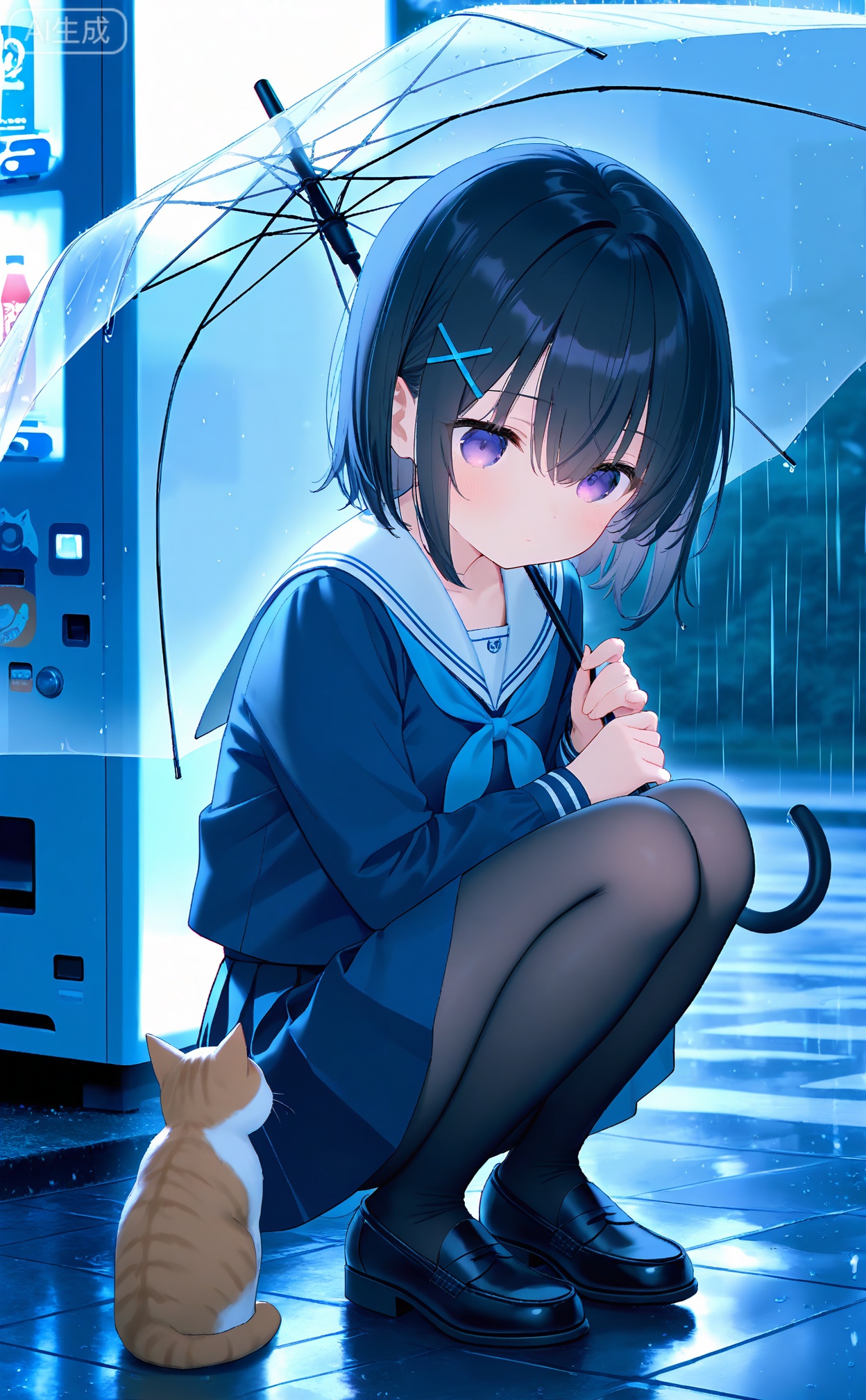 masterpiece,very aware,highres,absurdres,newest,best quality,high quality,loli,petite,chromatic_aberration,Light Blue Theme,//,1girl,transparent,school uniform,rain,umbrella,cat,hair ornament,pantyhose,squatting,skirt,transparent umbrella,serafuku,holding,short hair,solo,purple eyes,black footwear,white sailor collar,outdoors,loafers,shoes,hairclip,sailor collar,x hair ornament,long sleeves,neckerchief,black hair,pleated skirt,bangs,holding umbrella,blue shirt,animal,shirt,blue serafuku,closed mouth,hair between eyes,black pantyhose,vending machine,blue skirt,black skirt,//,year_2023,year_2024,//,official art,depth of field,detailed light,blurry background,cinematic lighting,ray tracing,ultra detailed,god rays,backlighting,photo background,chromatic aberration,volumetric lighting,depth of field,blurry background,cinematic lighting,very aesthetic,