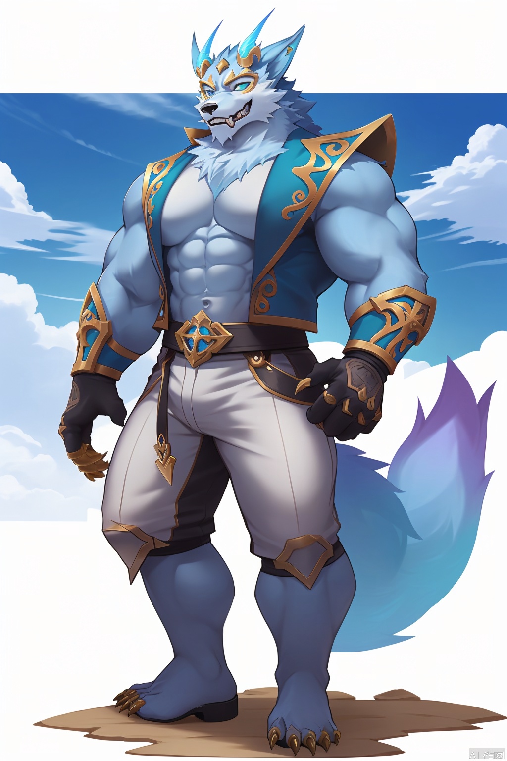 character:warwick,diamond horns, diamond claws, diamond tails,1boy,solo,This image depicts a muscular anthropomorphic wolf character with blue fur. The wolf is standing upright on two legs and is wearing a brown leather vest with intricate designs over its chest and shoulders. The vest has a rugged, battle-ready appearance. The character also wears red arm guards with a similar design, and a red belt with a golden emblem around its waist. The background features a festive scene with hanging lanterns and what appears to be a cloudy sky. The overall style of the image is vibrant and detailed, with a focus on the character's muscular physique and expressive features.