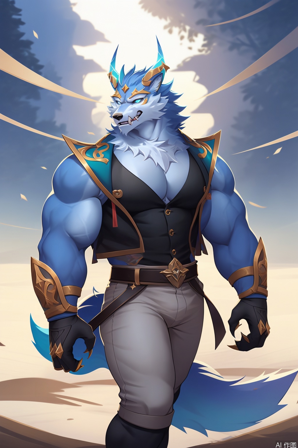 character:warwick,diamond horns, diamond claws, diamond tails,1boy,solo,This image depicts a muscular anthropomorphic wolf character with blue fur. The wolf is standing upright on two legs and is wearing a brown leather vest with intricate designs over its chest and shoulders. The vest has a rugged, battle-ready appearance. The character also wears red arm guards with a similar design, and a red belt with a golden emblem around its waist. The background features a festive scene with hanging lanterns and what appears to be a cloudy sky. The overall style of the image is vibrant and detailed, with a focus on the character's muscular physique and expressive features.