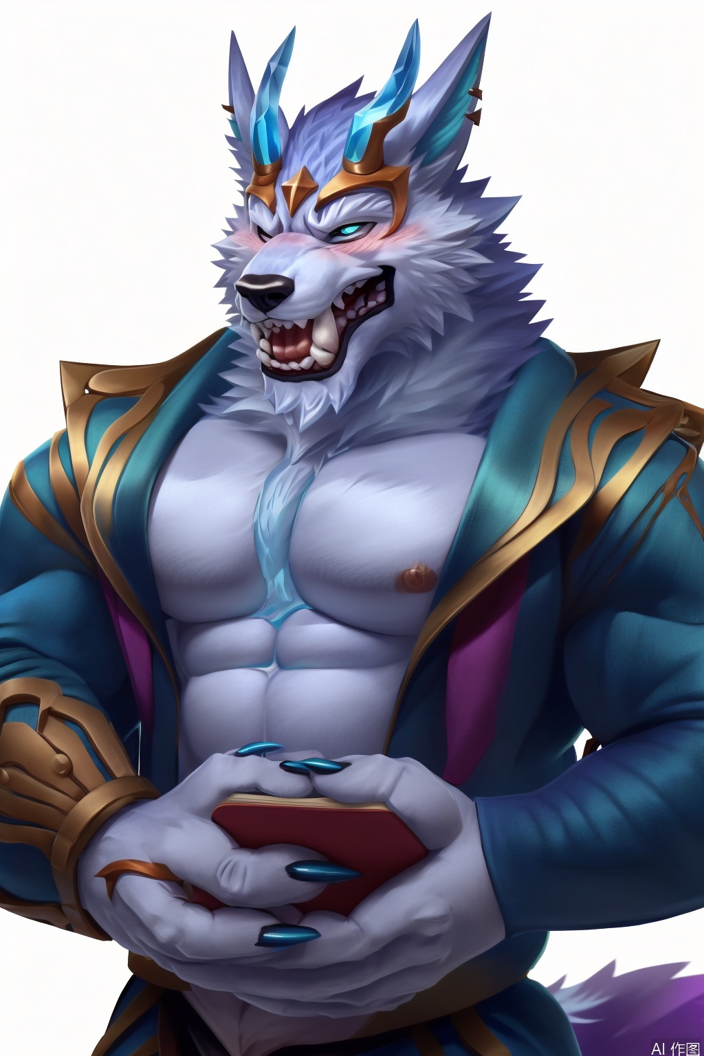 solo, blush, smile, short hair, open mouth, shirt, 1boy, holding, animal ears, closed eyes, upper body, male focus, book, muscular, ^ ^, fangs, muscular male, dog ears, bara, furry, holding book, open book, furry male, wolf boy,character:warwick,diamond horns, diamond claws, diamond tail