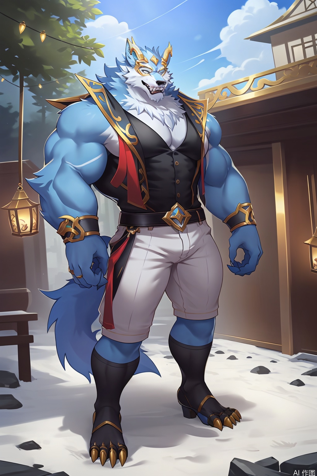 character:warwick,diamond horns, diamond claws, diamond tails,1boy,solo,This image depicts a muscular anthropomorphic wolf character with blue fur. The wolf is standing upright on two legs and is wearing a brown leather vest with intricate designs over its chest and shoulders. The vest has a rugged, battle-ready appearance. The character also wears red arm guards with a similar design, and a red belt with a golden emblem around its waist. The background features a festive scene with hanging lanterns and what appears to be a cloudy sky. The overall style of the image is vibrant and detailed, with a focus on the character's muscular physique and expressive features.