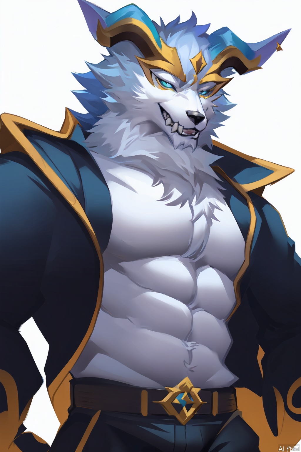 solo, looking at viewer, character:warwick,diamond horns, diamond claws, diamond tails,1boy,solo, animal ears, jacket, upper body, male focus, japanese clothes, open clothes, horns, open jacket, blue jacket, claws, furry, furry male,wolf furry