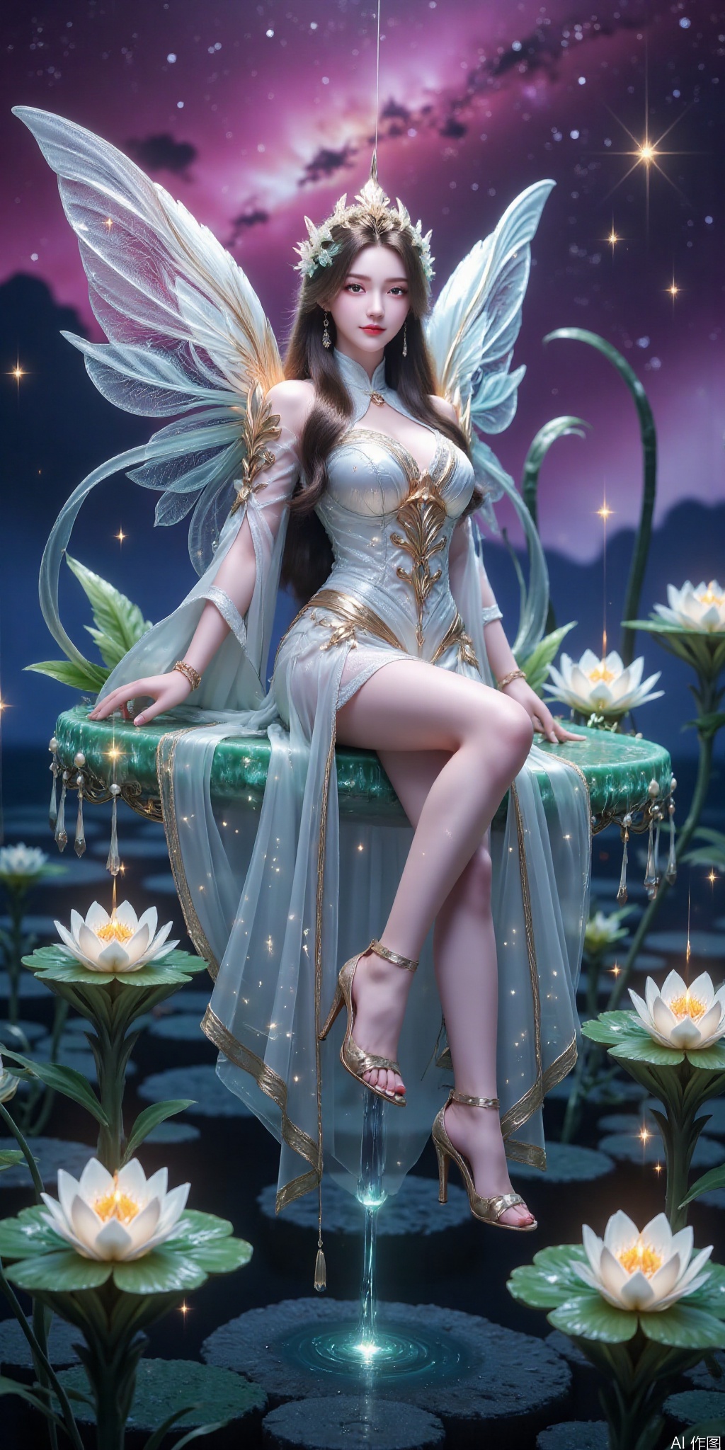 真人肌肤纹理, 4K画质,完美身材,1girl,looking_at_viewer,huge_breasts,,long legs,realistic,A captivating fantasy elf portrait set in a surreal, floating garden in the sky. The elf, with iridescent, translucent wings like those of a dragonfly, sits gracefully on a floating crystal lily pad. Her flowing hair shimmers with every color of the rainbow and cascades down, merging with the floating flora around her. Her eyes are deep pools of starlight, and her delicate, silver gown is adorned with tiny, twinkling constellations. The garden is filled with glowing, bioluminescent flowers and whimsical, hovering orbs of light. The backdrop features a swirling nebula sky with vibrant hues of pink and purple, creating a dreamlike, cosmic atmosphere. The portrait combines elements of ethereal beauty and celestial wonder, blending fantasy with a touch of otherworldly magic.,high_heel,, argyle legwear,star \(symbol\),liushen