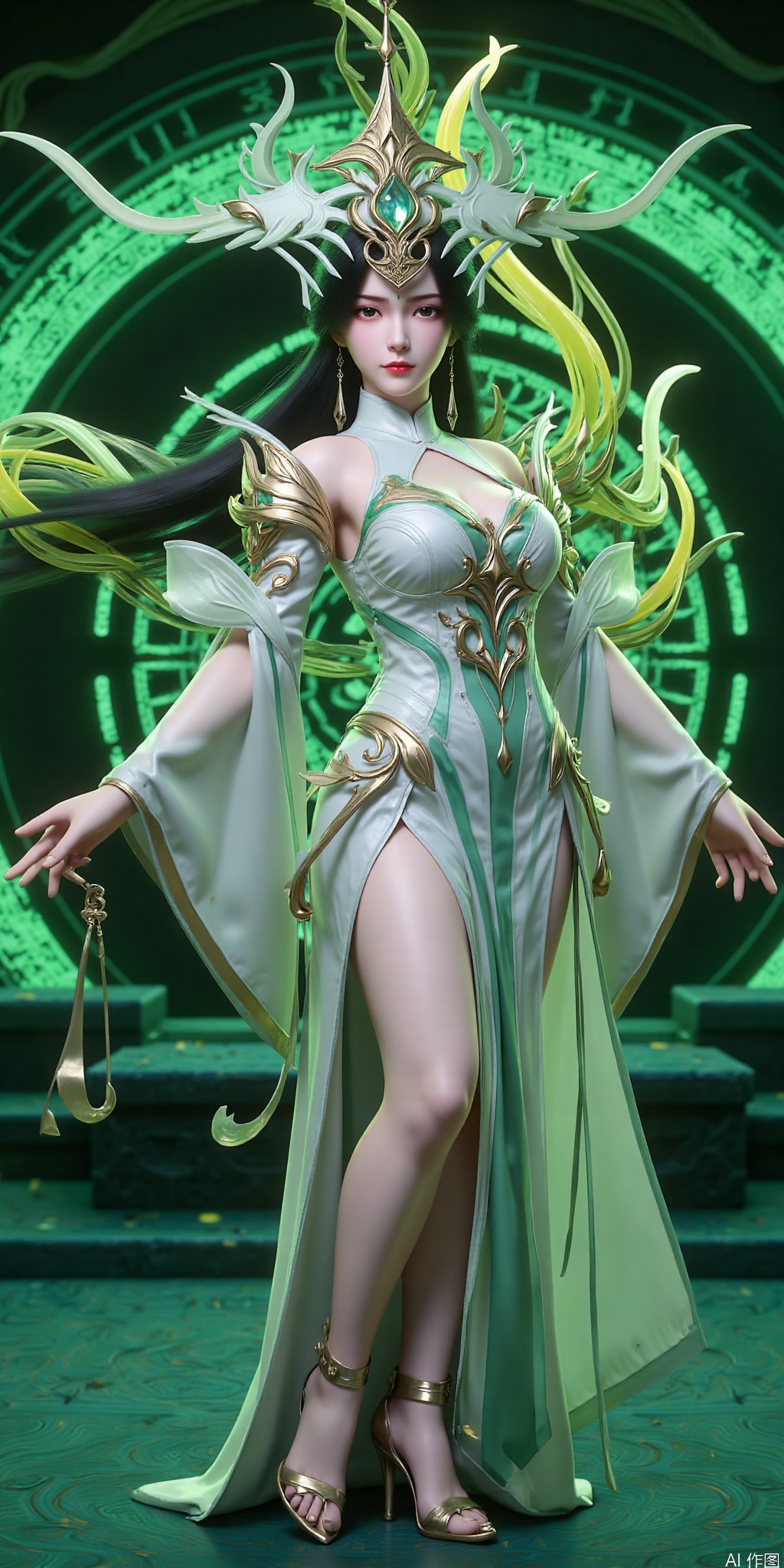 真人肌肤纹理, 4K画质,完美身材,1girl,looking_at_viewer,huge_breasts,,long legs,realistic,,liushen,dress,white dress,green dress.
