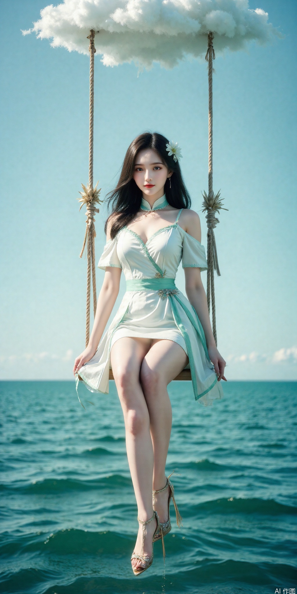 surreal warm cinematic full body shot photography, Kodak Professional Portra 160, 真人肌肤纹理, 4K画质,完美身材,long legs,big_breasts,navel,,Film texture,, film and television, surrealism, a girl with a delicate face is sitting on a cloud swing. The girl is wearing white dress,green dress , light blue stripes trimming,  , exquisite diamond-encrusted high heels, swing rope The sub is connected to a cloud in the sky, the background is a vast ocean, the water shows a consistent blue-green tone, the sky is also blue-green, blending with the ocean, perfect light and shadow, hyper-realistic photography, sharpening, artistic conception, Consciousness, large areas of blank space, sense of space, haziness, dreams, fog, 