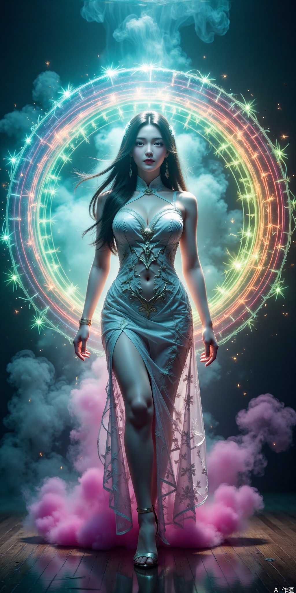 A dynamic AIDA_FXLR_ElonaV,emerges from a spiraling vortex portal of rainbow colors smoke and sparkles,bathed in voluminous light that casts angular shadows across the composition. She is partially obscured by the smoke. She wears a white lace dress. The AIDA_FXLR_ElonaV's pose is energetic and fluid,as if propelled through the wispy fog by an unseen force. The atmosphere is electric,with the cyan haze imbuing the scene with an air of mystery.,angular lines. realistic,masterpiece,high quality,best quality,high resolution,highly detailed,HDR,UHD,vivid colors,slender,,huge_breasts,liushen