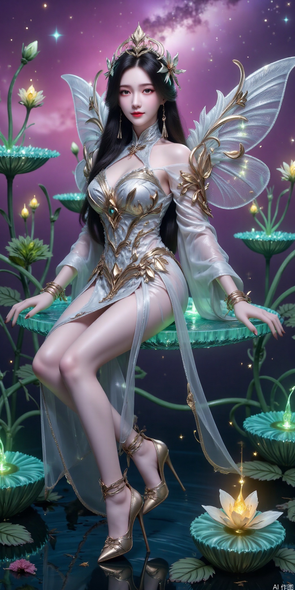 真人肌肤纹理, 4K画质,完美身材,1girl,looking_at_viewer,huge_breasts,,long legs,realistic,A captivating fantasy elf portrait set in a surreal, floating garden in the sky. The elf, with iridescent, translucent wings like those of a dragonfly, sits gracefully on a floating crystal lily pad. Her flowing hair shimmers with every color of the rainbow and cascades down, merging with the floating flora around her. Her eyes are deep pools of starlight, and her delicate, silver gown is adorned with tiny, twinkling constellations. The garden is filled with glowing, bioluminescent flowers and whimsical, hovering orbs of light. The backdrop features a swirling nebula sky with vibrant hues of pink and purple, creating a dreamlike, cosmic atmosphere. The portrait combines elements of ethereal beauty and celestial wonder, blending fantasy with a touch of otherworldly magic.,high_heel,, argyle legwear,star \(symbol\),liushen