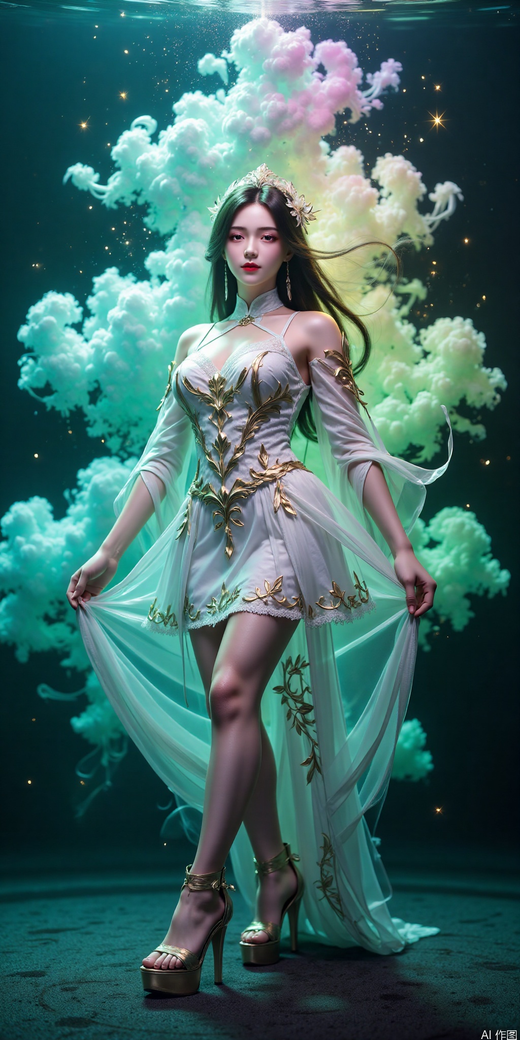 A dynamic AIDA_FXLR_ElonaV,emerges from a spiraling vortex portal of rainbow colors smoke and sparkles,bathed in voluminous light that casts angular shadows across the composition. She is partially obscured by the smoke. She wears a white lace dress. The AIDA_FXLR_ElonaV's pose is energetic and fluid,as if propelled through the wispy fog by an unseen force. The atmosphere is electric,with the cyan haze imbuing the scene with an air of mystery.,angular lines. realistic,masterpiece,high quality,best quality,high resolution,highly detailed,HDR,UHD,vivid colors,slender,,huge_breasts,liushen
