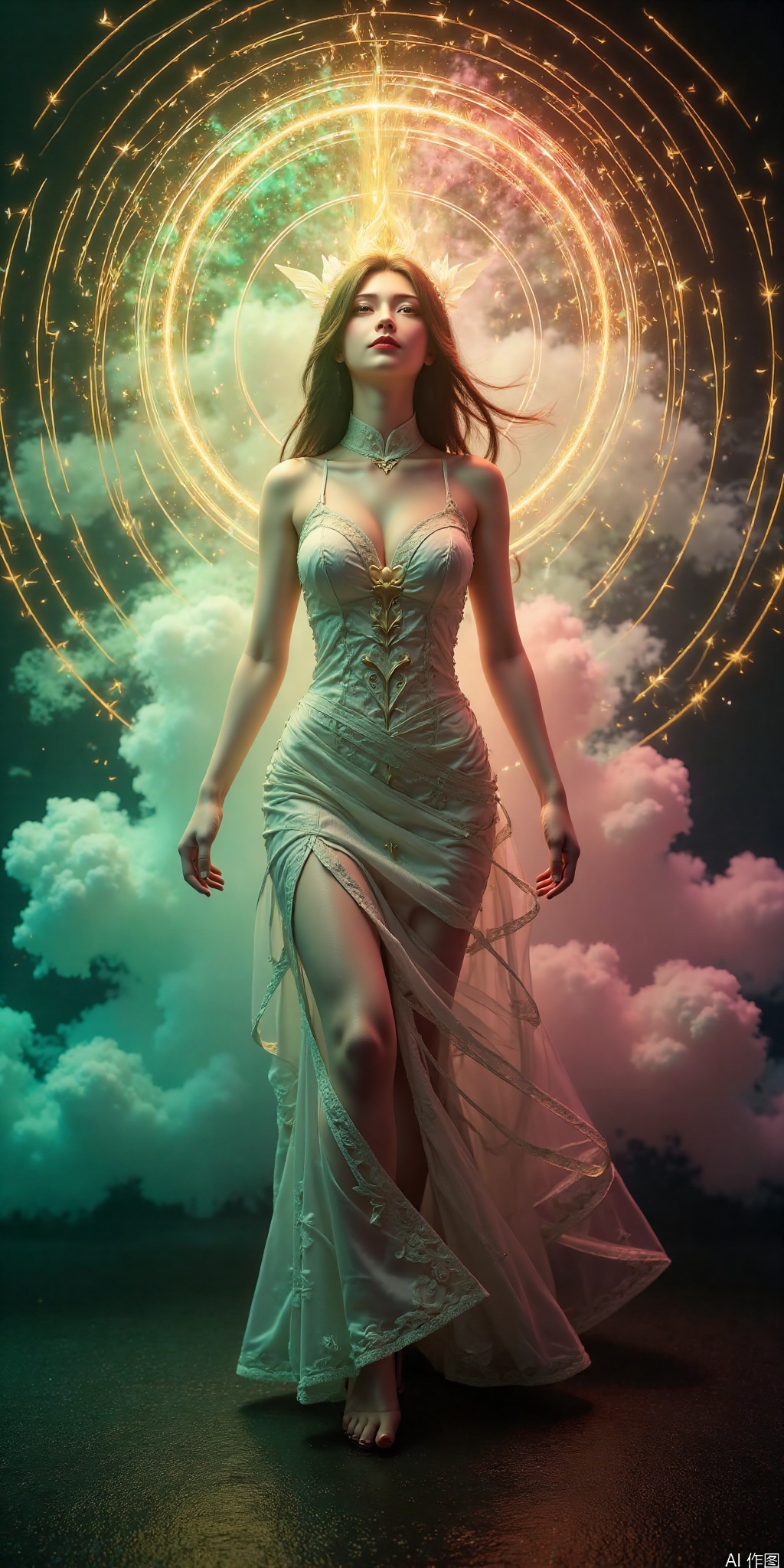 surreal warm cinematic full body shot photography, Kodak Professional Portra 160, A dynamic AIDA_FXLR_ElonaV,emerges from a spiraling vortex portal of rainbow colors smoke and sparkles,bathed in voluminous light that casts angular shadows across the composition. She is partially obscured by the smoke. She wears a white lace dress. The AIDA_FXLR_ElonaV's pose is energetic and fluid,as if propelled through the wispy fog by an unseen force. The atmosphere is electric,with the cyan haze imbuing the scene with an air of mystery.,angular lines. realistic,masterpiece,high quality,best quality,high resolution,highly detailed,HDR,UHD,vivid colors,slender,,huge_breasts,liushen
