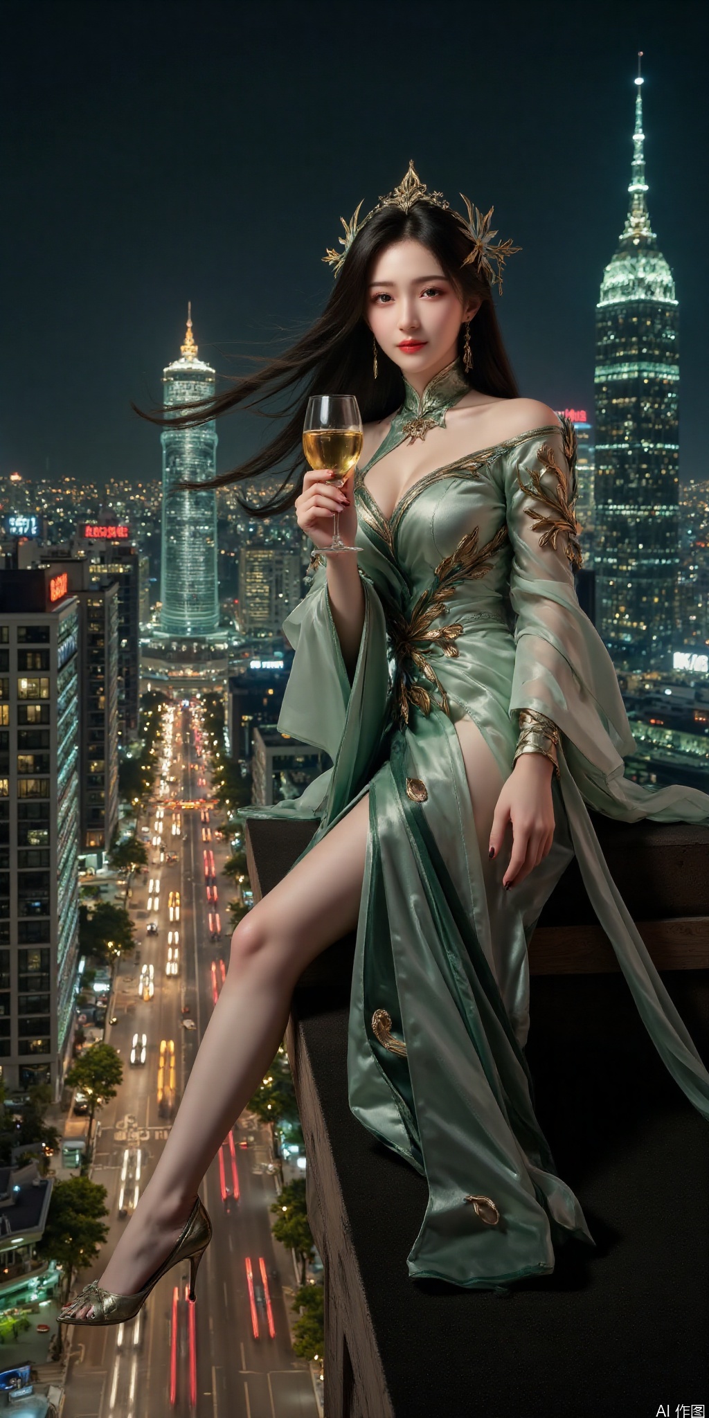 ,surreal warm cinematic full body shot photography, Kodak Professional Portra 160,Movie scenes, works of portrait photography masters, architectural photography, bright night sky, bustling city, neon lights, light and shadow formed by car lights driving fast on the street, a young Chinese woman sitting lazily on the roof wall of a skyscraper , smiling in front of the camera, wearing a  low-cut evening dress,dress,green dress,whtie dress, one hand on the ground to support the reclining body, one hand holding a glass of wine, one leg bent, the wind on the roof blew the hair and dress.dress,liushen,hair ornament