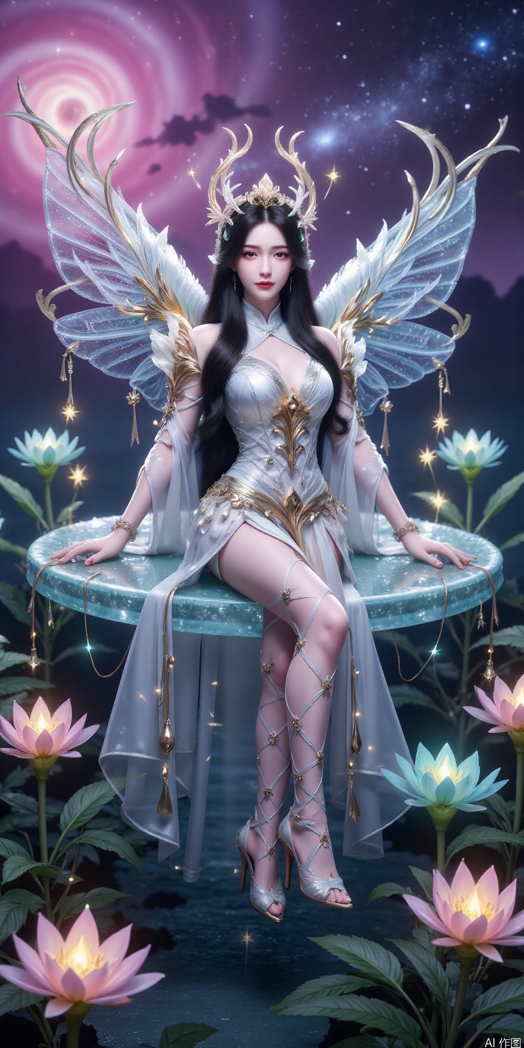 真人肌肤纹理, 4K画质,完美身材,1girl,looking_at_viewer,huge_breasts,,long legs,realistic,A captivating fantasy elf portrait set in a surreal, floating garden in the sky. The elf, with iridescent, translucent wings like those of a dragonfly, sits gracefully on a floating crystal lily pad. Her flowing hair shimmers with every color of the rainbow and cascades down, merging with the floating flora around her. Her eyes are deep pools of starlight, and her delicate, silver gown is adorned with tiny, twinkling constellations. The garden is filled with glowing, bioluminescent flowers and whimsical, hovering orbs of light. The backdrop features a swirling nebula sky with vibrant hues of pink and purple, creating a dreamlike, cosmic atmosphere. The portrait combines elements of ethereal beauty and celestial wonder, blending fantasy with a touch of otherworldly magic.,high_heel,, argyle legwear,star \(symbol\),liushen