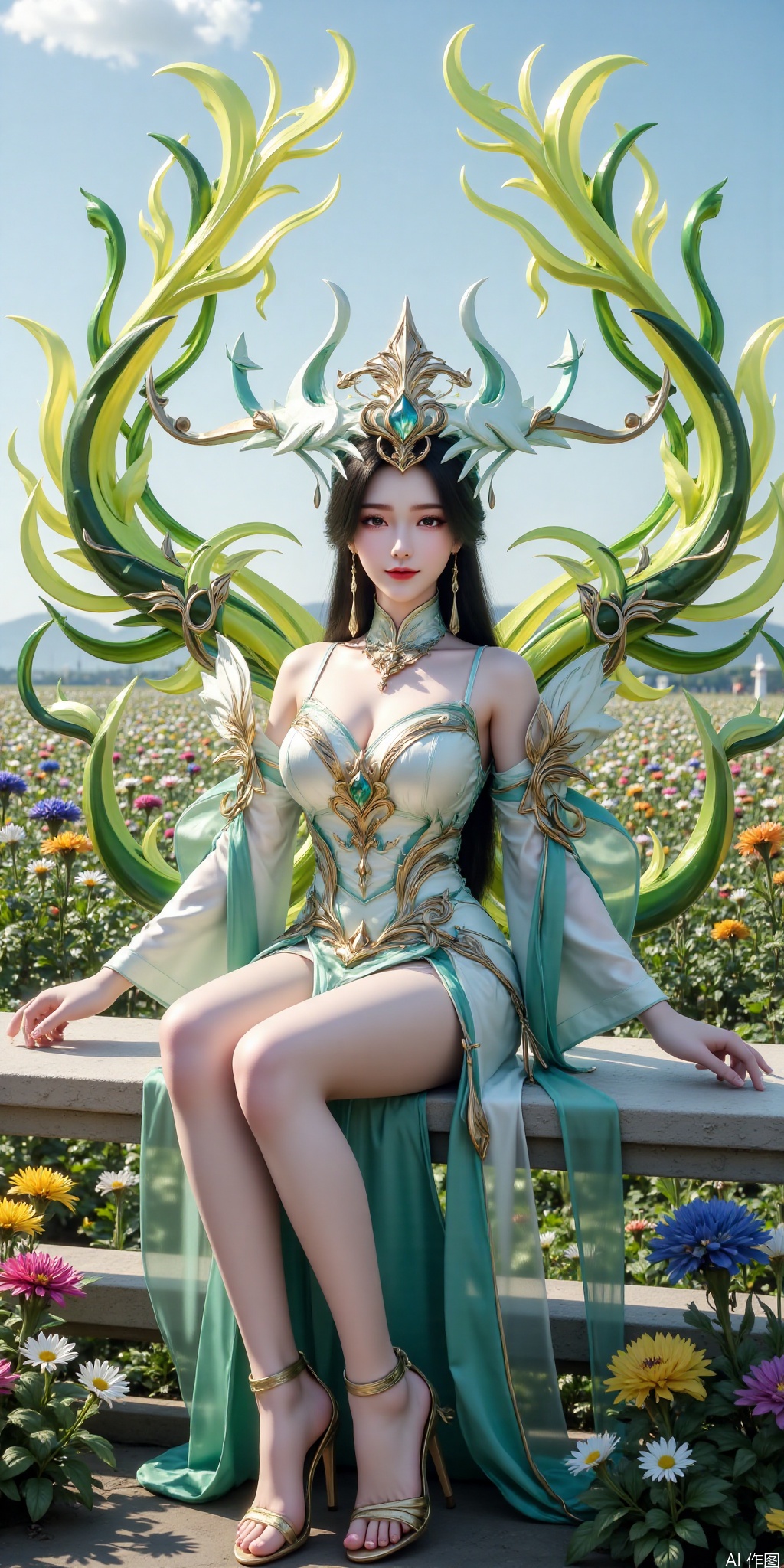 真人肌肤纹理, 4K画质,完美身材,long legs,big_breasts,navel,,(Good structure), DSLR Quality,Depth of field,kind smile,looking_at_viewer,Dynamic pose,, best quality, masterpiece, illustration, (reflection light), incredibly absurdres, ((Movie Poster), (signature:1.3), (English text), 1girl, girl middle of flower, pure sky,clear sky, outside, collarbone, sitting, absurdly long hair, clear boundaries of the cloth, white dress, fantastic scenery, ground of flowers, thousand of flowers, colorful flowers, flowers around her, various flowers,bare shoulders,skirt, sandals,gemstone,,green dress , dress, ,liushen,hair ornament