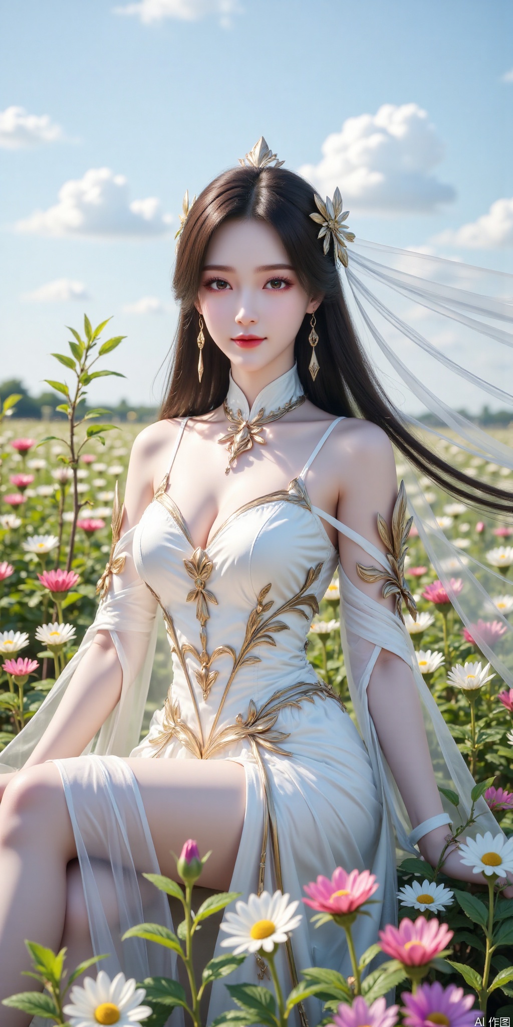 真人肌肤纹理, 4K画质,完美身材,long legs,big_breasts,navel,,(Good structure), DSLR Quality,Depth of field,kind smile,looking_at_viewer,Dynamic pose,, best quality, masterpiece, illustration, (reflection light), incredibly absurdres, ((Movie Poster), (signature:1.3), (English text), 1girl, girl middle of flower, pure sky,clear sky, outside, collarbone, sitting, absurdly long hair, clear boundaries of the cloth, white dress, fantastic scenery, ground of flowers, thousand of flowers, colorful flowers, flowers around her, various flowers,bare shoulders,skirt, sandals,, , weddingdress, ,liushen,hair ornament