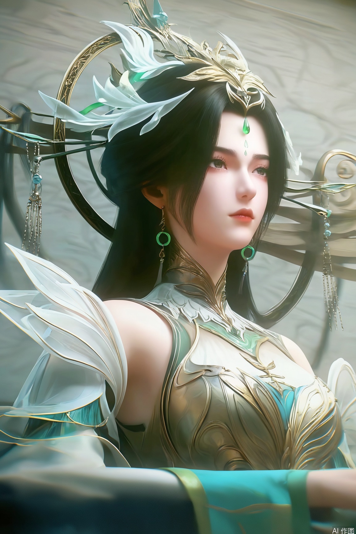 score_9_up,score_8_up,score_7_up,(Masterpiece, Best Quality, High Resolution, 8K Raw),absurdres, highres, Expressiveh,illustration,CG,
1girl, solo, long hair, brown hair, black hair, hair ornament, dress, jewelry, closed mouth, upper body, earrings, looking to the side, facial mark, expressionless, forehead mark