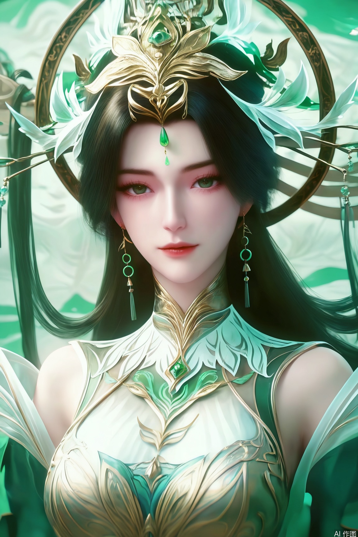 score_9_up,score_8_up,score_7_up,(Masterpiece, Best Quality, High Resolution, 8K Raw),absurdres, highres, Expressiveh,illustration,CG,
1girl, solo, long hair, brown hair, black hair, hair ornament, dress, jewelry, upper body, flower, earrings, green theme,pale skin,GX_style