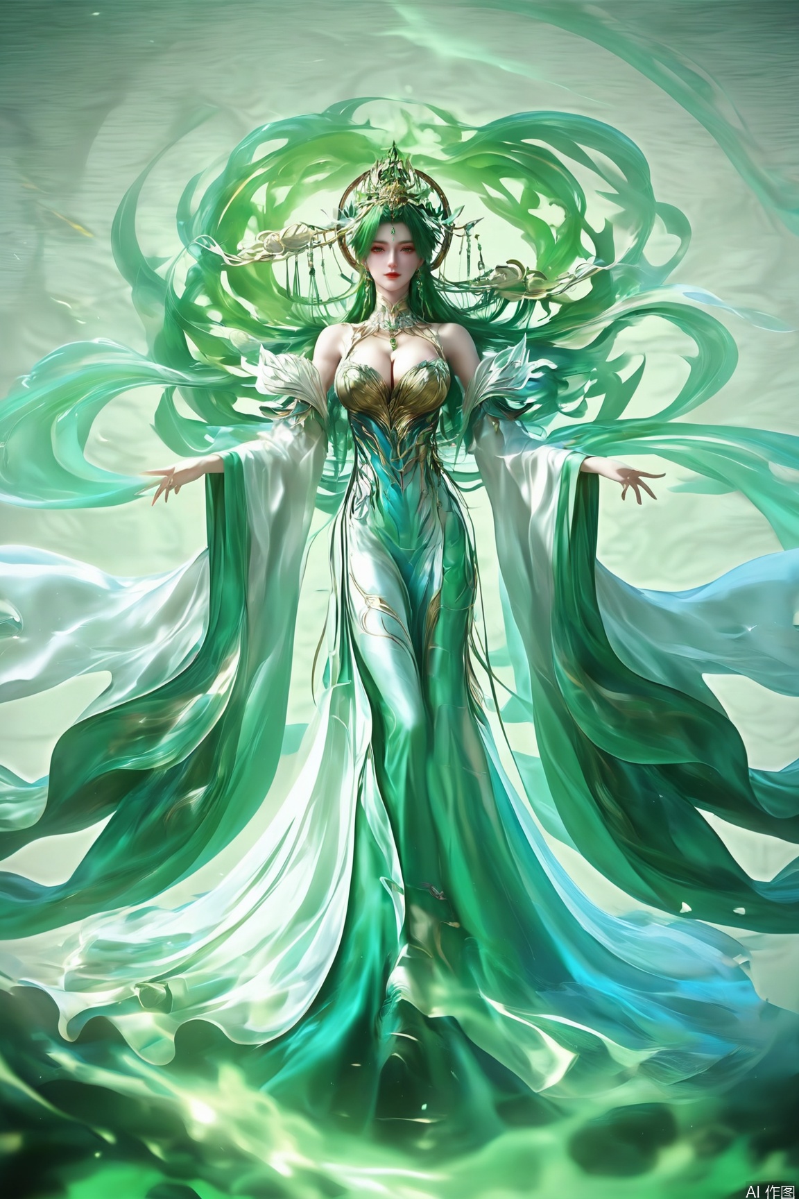 score_9_up,score_8_up,score_7_up,(Masterpiece, Best Quality, High Resolution, 8K Raw),absurdres, highres, Expressiveh,illustration,CG,
1girl, solo, long hair, breasts, large breasts, hair ornament, dress, cleavage, jewelry, full body, green hair, green theme,pale skin,GX_style