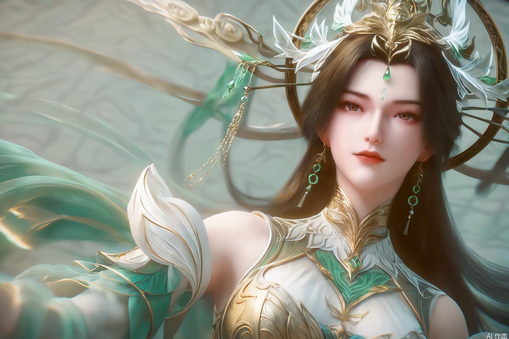 score_9_up,score_8_up,score_7_up,(Masterpiece, Best Quality, High Resolution, 8K Raw),absurdres, highres, Expressiveh,illustration,CG,
1girl, solo, long hair, brown hair, hair ornament, dress, jewelry, upper body, earrings, forehead mark,pale skin,GX_style
