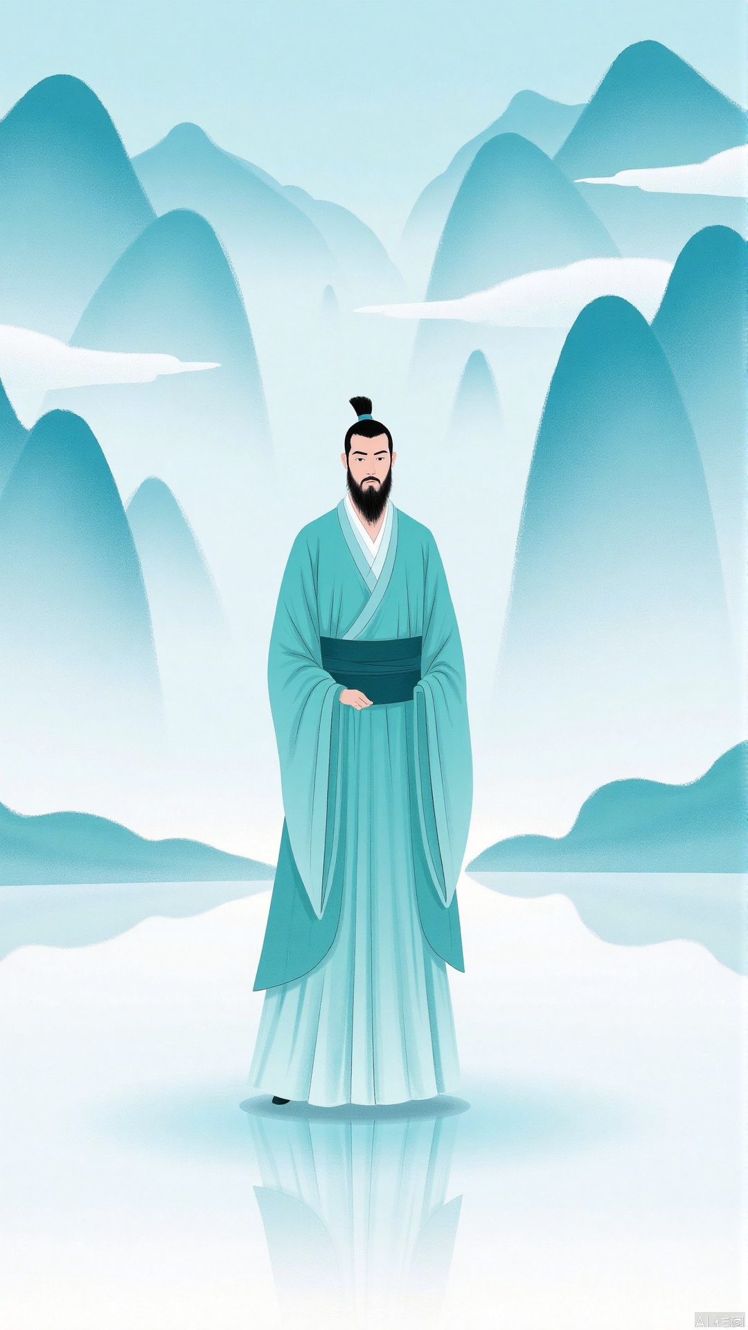 JYZGF, Drawing an ancient man wearing a Song Dynasty erected head and a beard, wearing a blue-green robe, with a dark belt around his waist, standing upright between the ink-style landscapes. The background is a continuous mountain with light blue tones and different shapes. The mountains are filled with clouds and mist, and the ground has a faint reflection effect. The overall picture adopts a simple illustration style, and the tones are fresh and elegant.