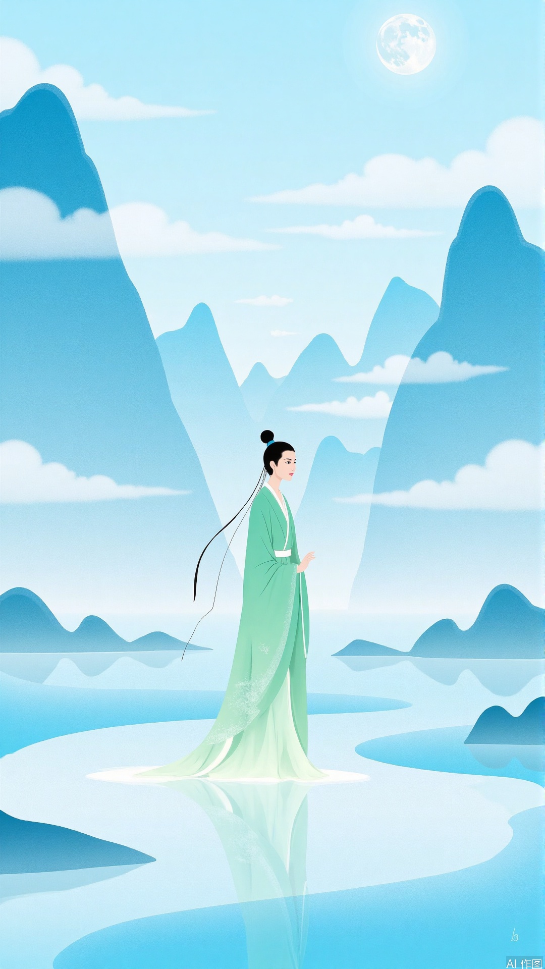 JYZGF, an ancient woman with graceful figure, wearing a light green flowing robe, with a tall bun and a strand of long hair hanging down. She stands quietly between mountains and rivers. The background is a continuous mountain in the light blue ink style. The mountains are covered with clouds and mist. The water surface is as calm as a mirror reflecting the mountain colors. A hazy full moon hangs in the distance. The overall picture is fresh and elegant in color, and adopts a simple illustration style.