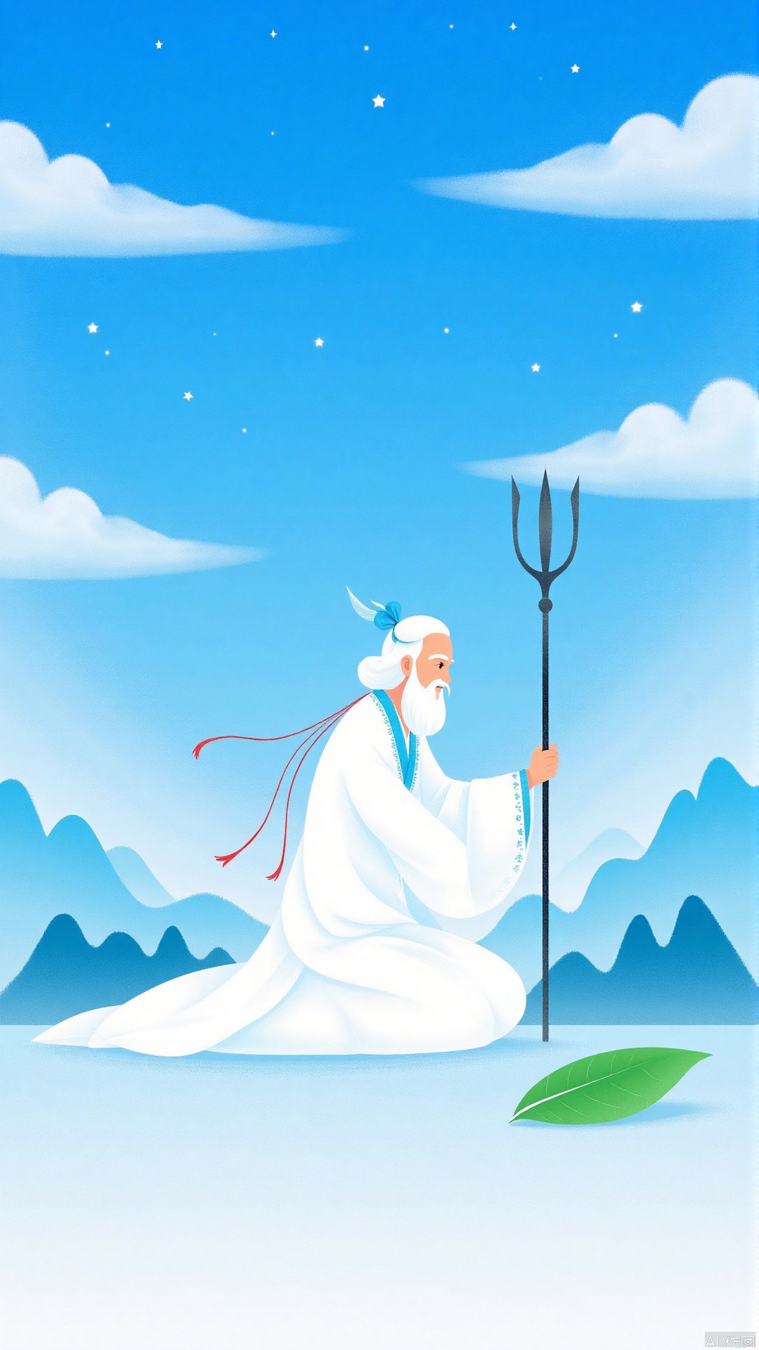 JYZGF, an old man with white hair and beard, with a blue hairpin tied on his head, wearing a white robe with blue lace and red streamers, kneeling on the ground, holding a long black staff in his hand. The background is a blue sky, dotted with clouds and twinkling stars, surrounded by mountains of different shapes, and a large leaf next to it. The overall picture style is a fresh illustration style.