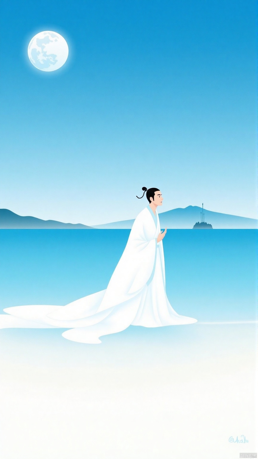 JYZGF, an ancient man in a plain white flowing robe, with a slim hair tied up and leaned leisurely against the light blue beach, with a calm water surface behind him. There is a full moon hanging in the sky in the distance, and there is a lonely mountain on the water. The overall picture is fresh in color, and the style is simple in illustration style, creating a quiet and distant atmosphere.