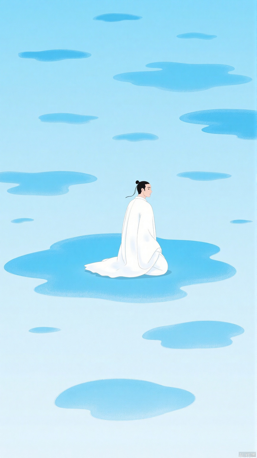 JYZGF, an ancient man with hair tied up, wearing a pure white robe, kneeled quietly on the light blue ground with a natural-shaped puddle. The picture is mainly cool blue, surrounded by light blue water marks of different shapes. The overall style is simple and fresh, creating a quiet and contemplative atmosphere.