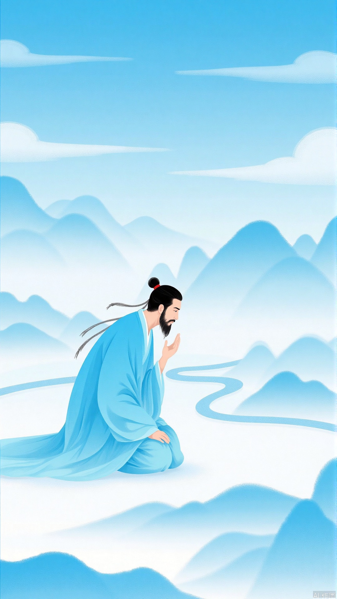 JYZGF,An ancient man wearing a light blue traditional robe, tied his hair and beard, knelt in the blending of mountains, rivers, clouds and mists, with a focused expression as if he was contemplating. The overall picture adopts a cool blue-white tone, the background has a gentle and flowing veil texture, and the painting style is a simple and beautiful illustration style.