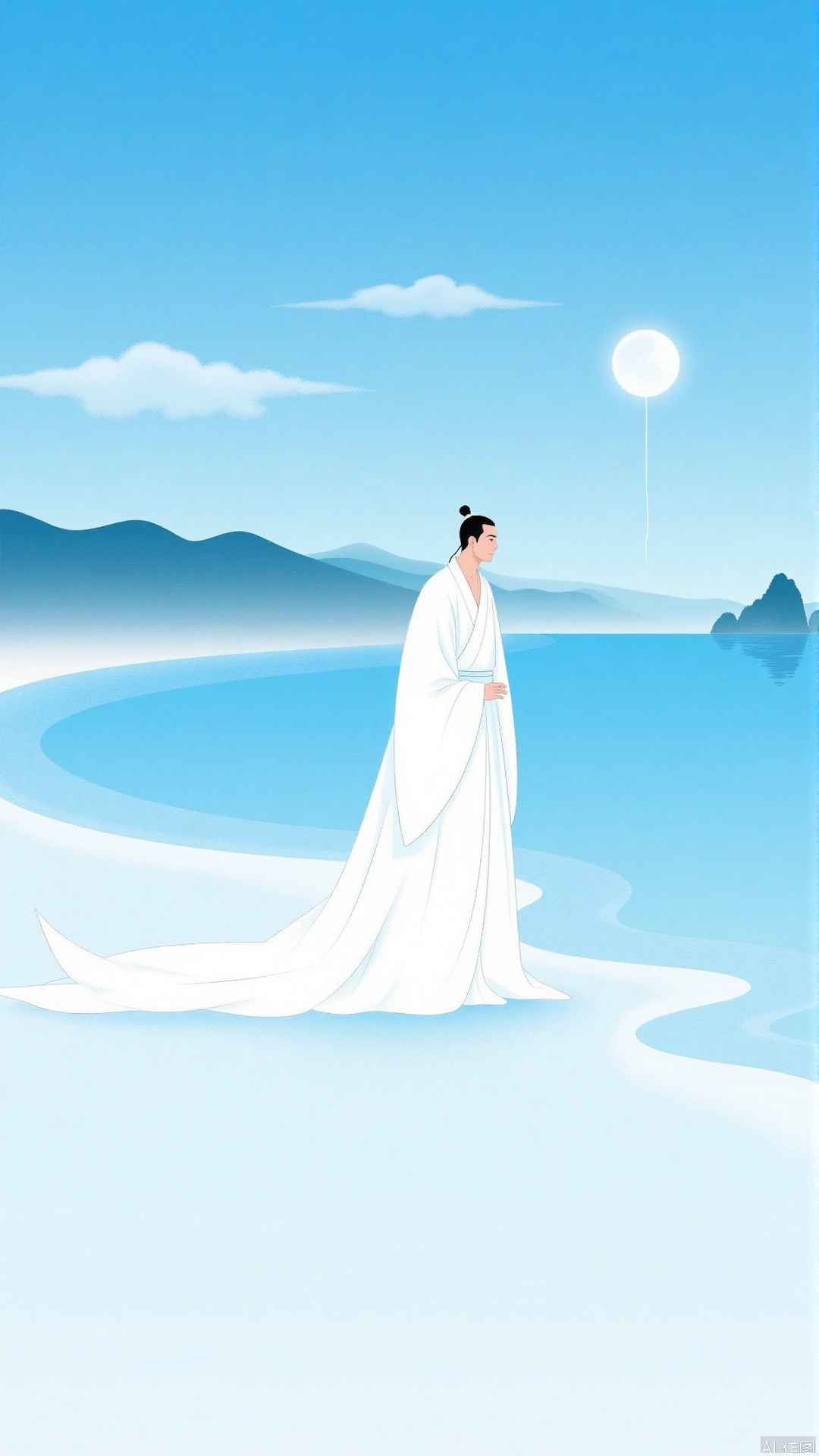 JYZGF, an ancient man in a plain white flowing robe, with a slim hair tied up and leaned leisurely against the light blue beach, with a calm water surface behind him. There is a full moon hanging in the sky in the distance, and there is a lonely mountain on the water. The overall picture is fresh in color, and the style is simple in illustration style, creating a quiet and distant atmosphere.