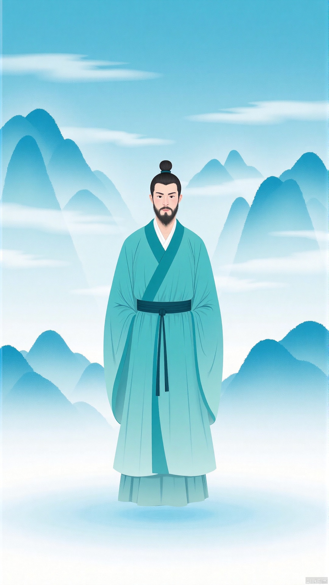 JYZGF, Drawing an ancient man wearing a Song Dynasty erected head and a beard, wearing a blue-green robe, with a dark belt around his waist, standing upright between the ink-style landscapes. The background is a continuous mountain with light blue tones and different shapes. The mountains are filled with clouds and mist, and the ground has a faint reflection effect. The overall picture adopts a simple illustration style, and the tones are fresh and elegant.