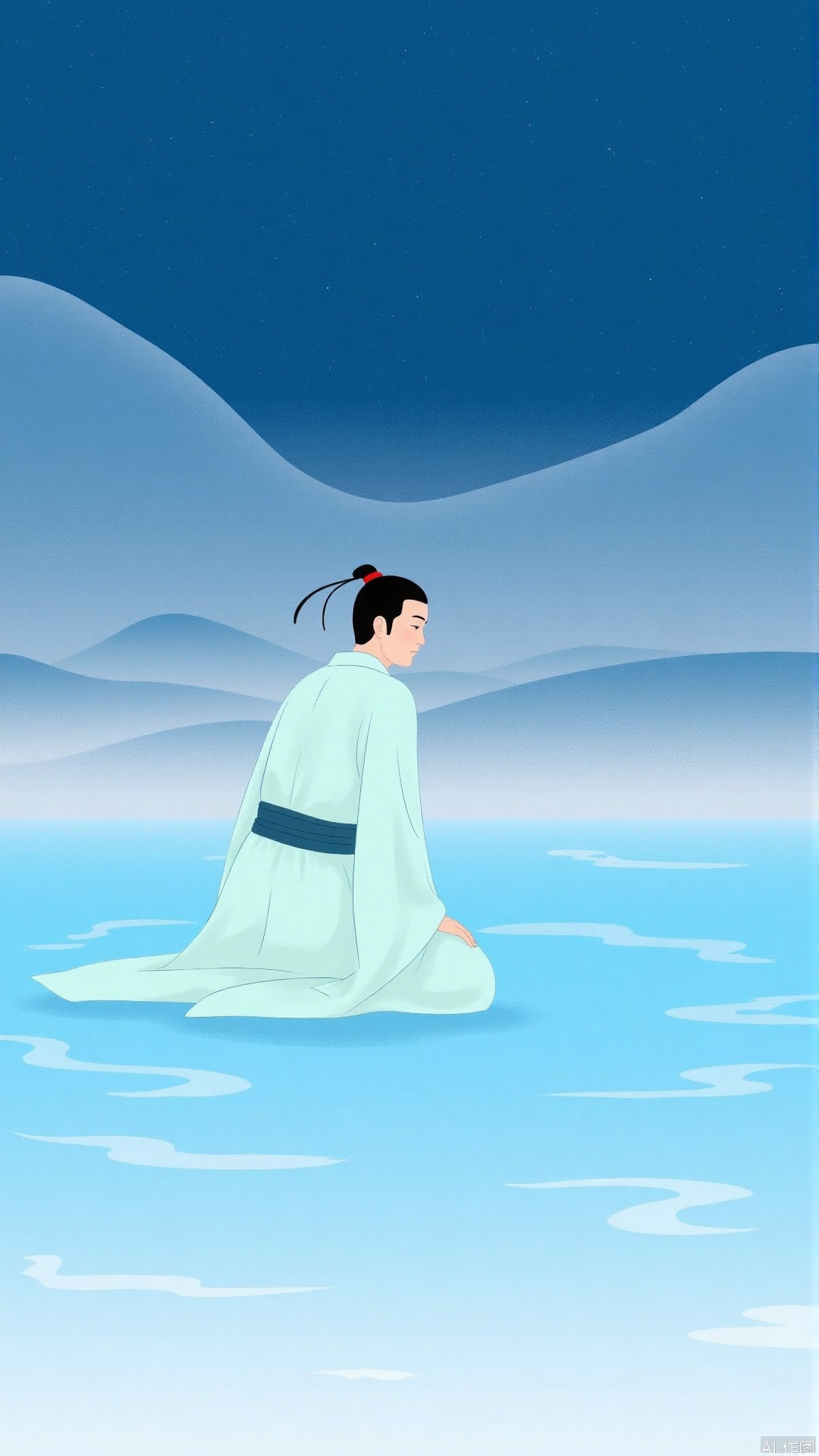 JYZGF, Drawing an ancient man with a red strap on the end of the hair, wearing a light blue robe and a dark belt, kneeling quietly on the rippling light blue water surface. The background is a dark blue night sky, dotted with stars, and a hazy mountain outline in the distance. The overall picture is simple in style and cool in color.