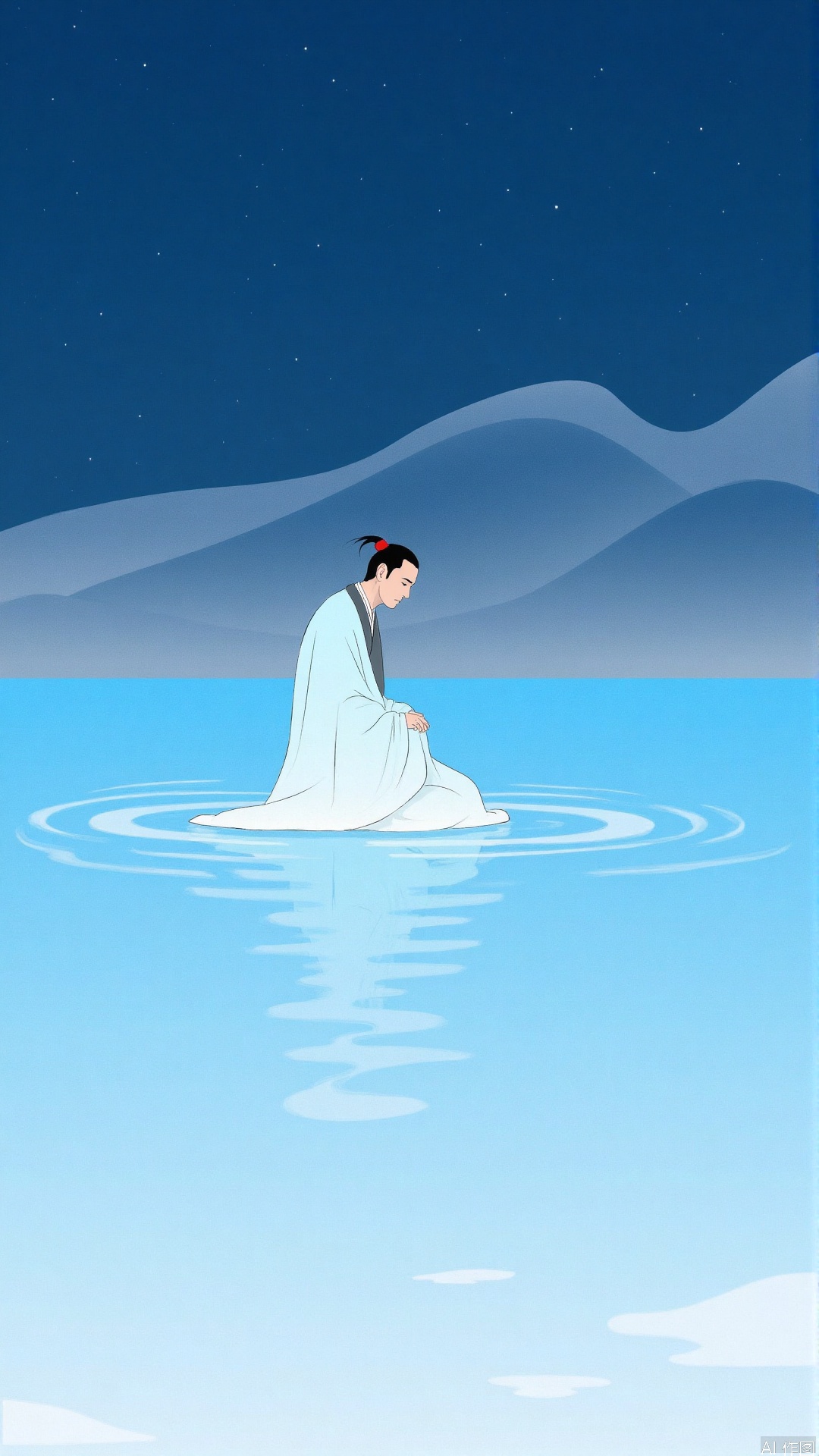 JYZGF, Drawing an ancient man with a red strap on the end of the hair, wearing a light blue robe and a dark belt, kneeling quietly on the rippling light blue water surface. The background is a dark blue night sky, dotted with stars, and a hazy mountain outline in the distance. The overall picture is simple in style and cool in color.